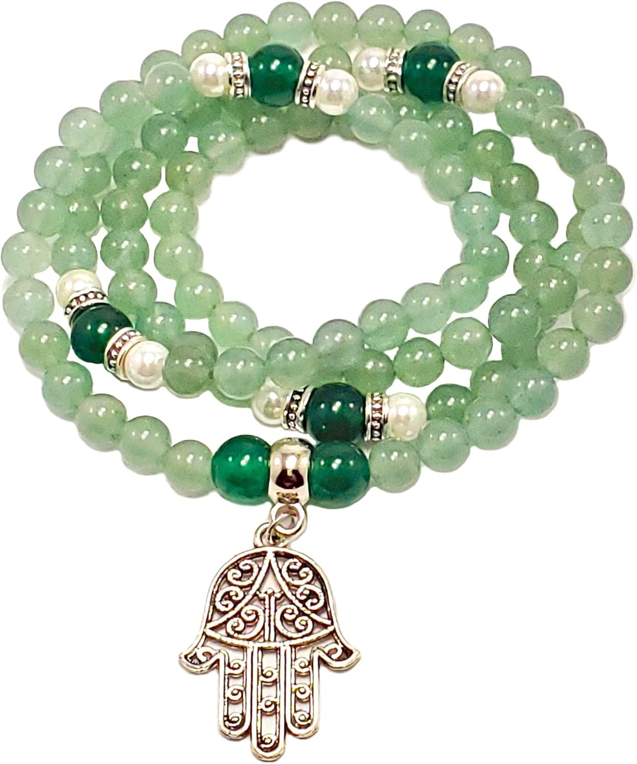 Green Aventurine & Emerald Jade 108 Mala Beads – 6 and 8mm Natural Stones Necklace or Wrap Bracelet with Hamsa Pendant – U.S. Handcrafted Jewelry