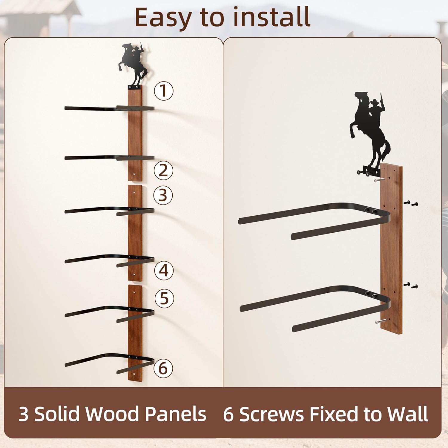 Cowboy Hat Rack for Wall – 3-Piece Wooden & Metal Western Hat Holder, Rustic Rider Sign Decor, Holds up to 6 Hats, Wall Mounted Cowboy Hat Organizer & Storage Display Rack for Cowboy Room Decor thumbnail