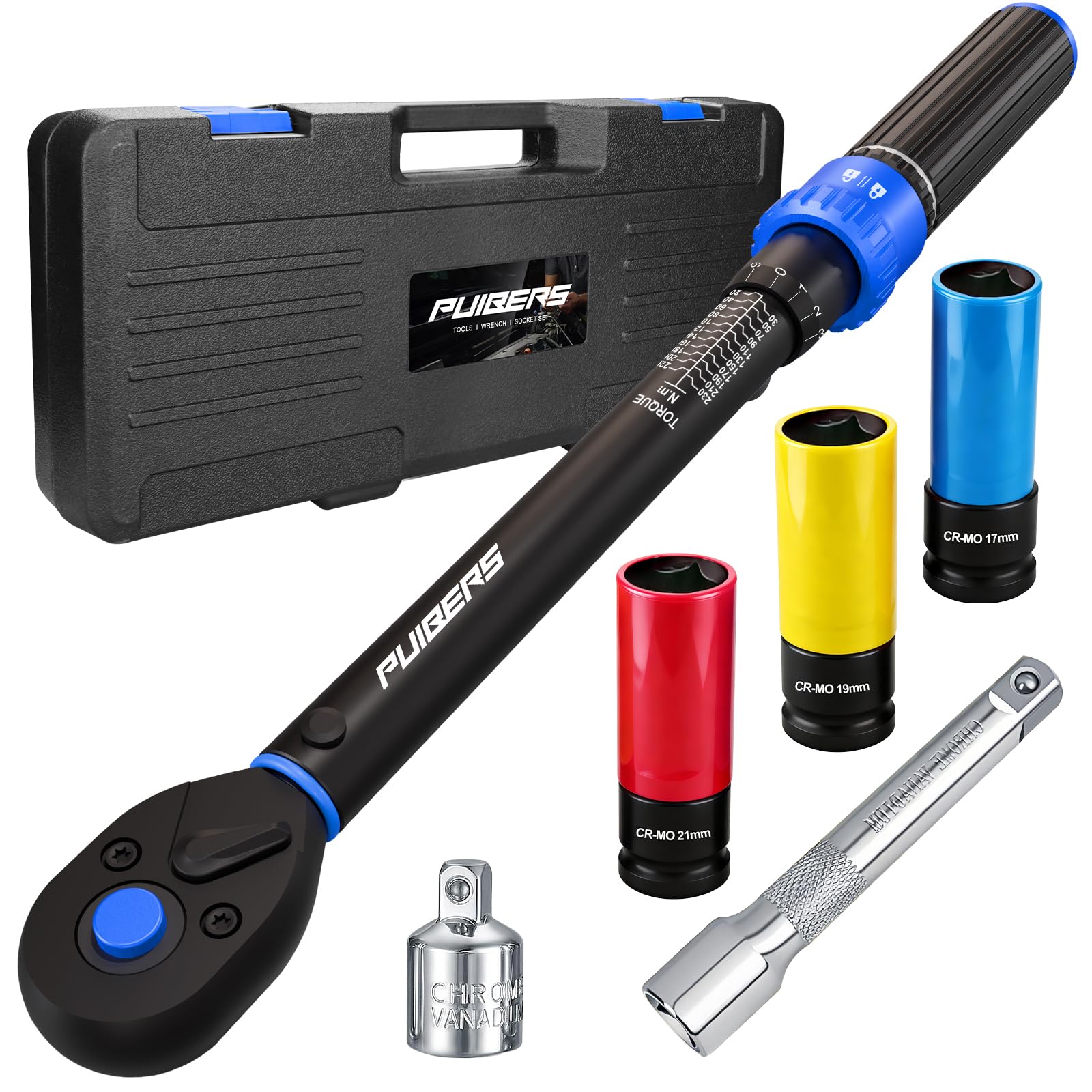 PUIBERS Torque Wrench 1/2 Set UK, 20-230 Nm, ±3% High Accuracy with 17/19/21mm CR-MO Sockets, 72-Tooth Auto Torque Wrenches for Car & Motorcycle — image 1