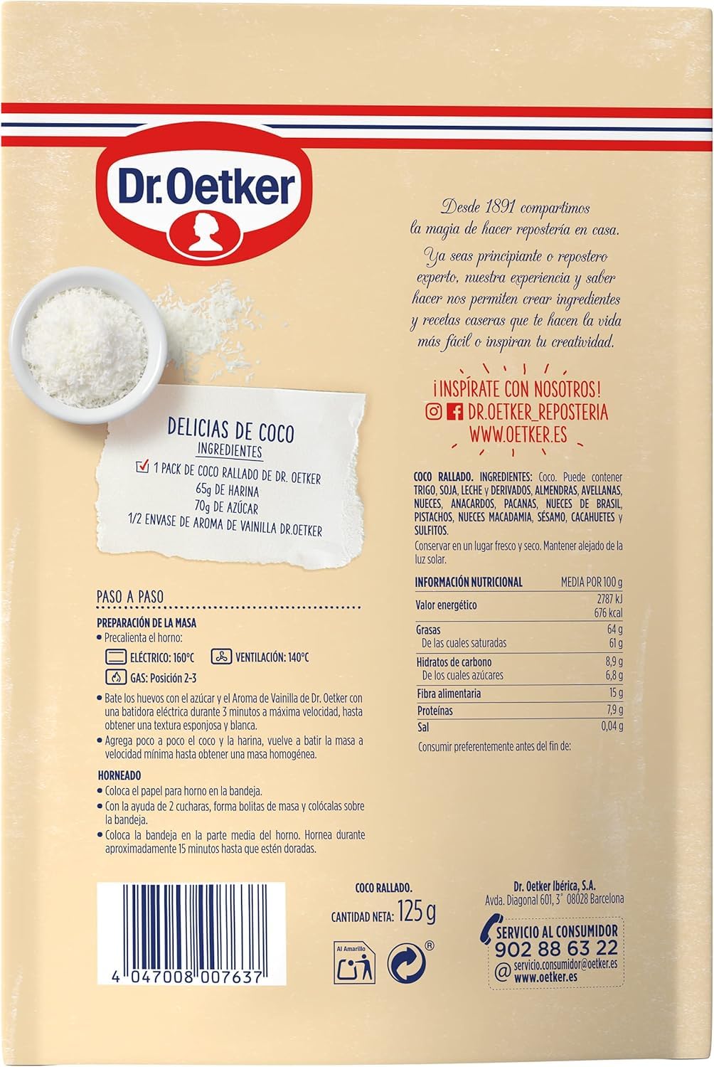 DR. OETKER - Coco Rallado para Repostería Pack 8 Uds x 125 g, Sin Azúcar y Origen Natural, Aroma y Sabor Intensos, Cierre Hermético, Resultados Profesionales