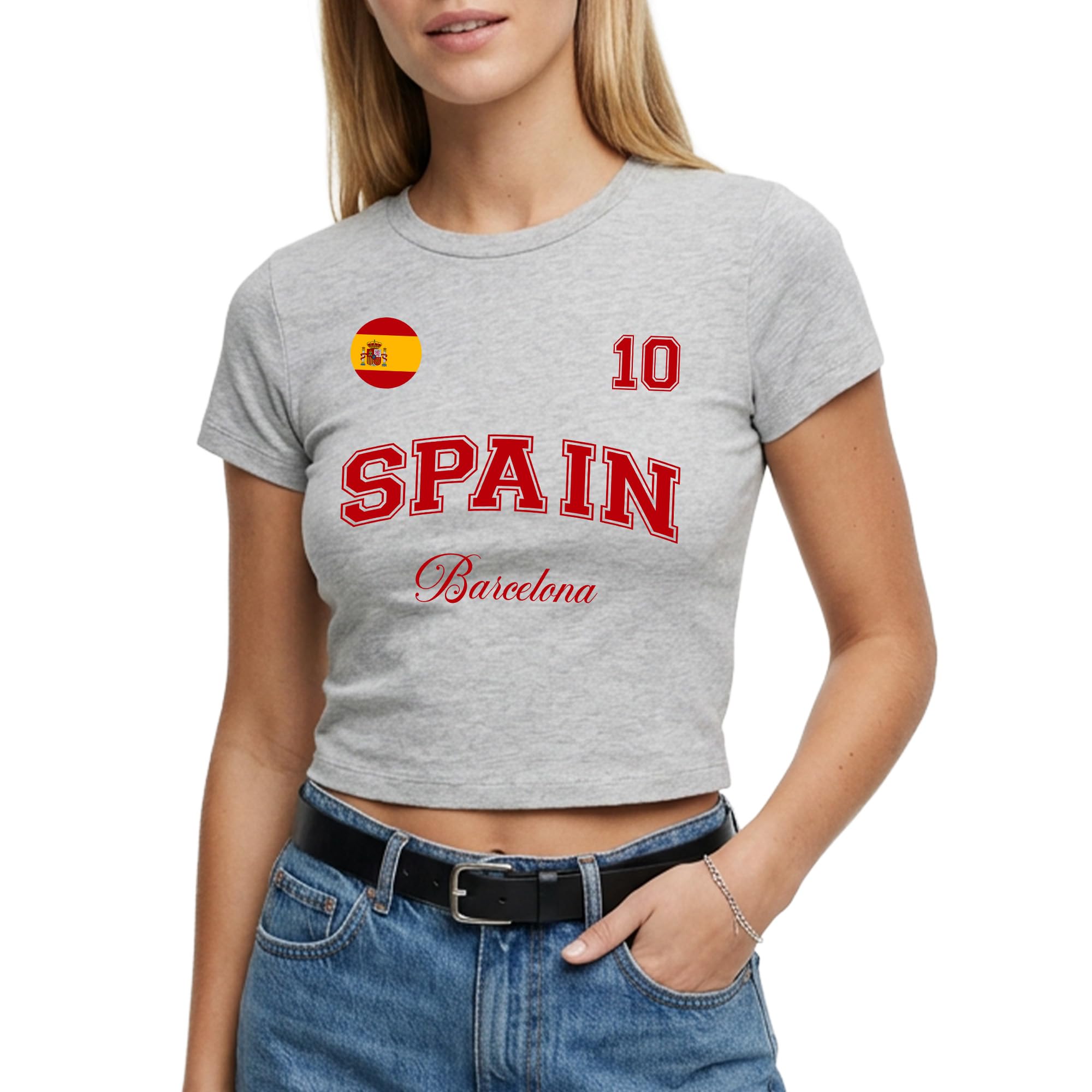 Spain Womens Baby Tee - Spanish City Name Number Badge Short Top Tshirt Ladies Football Fan Gift, S, Sport Grey