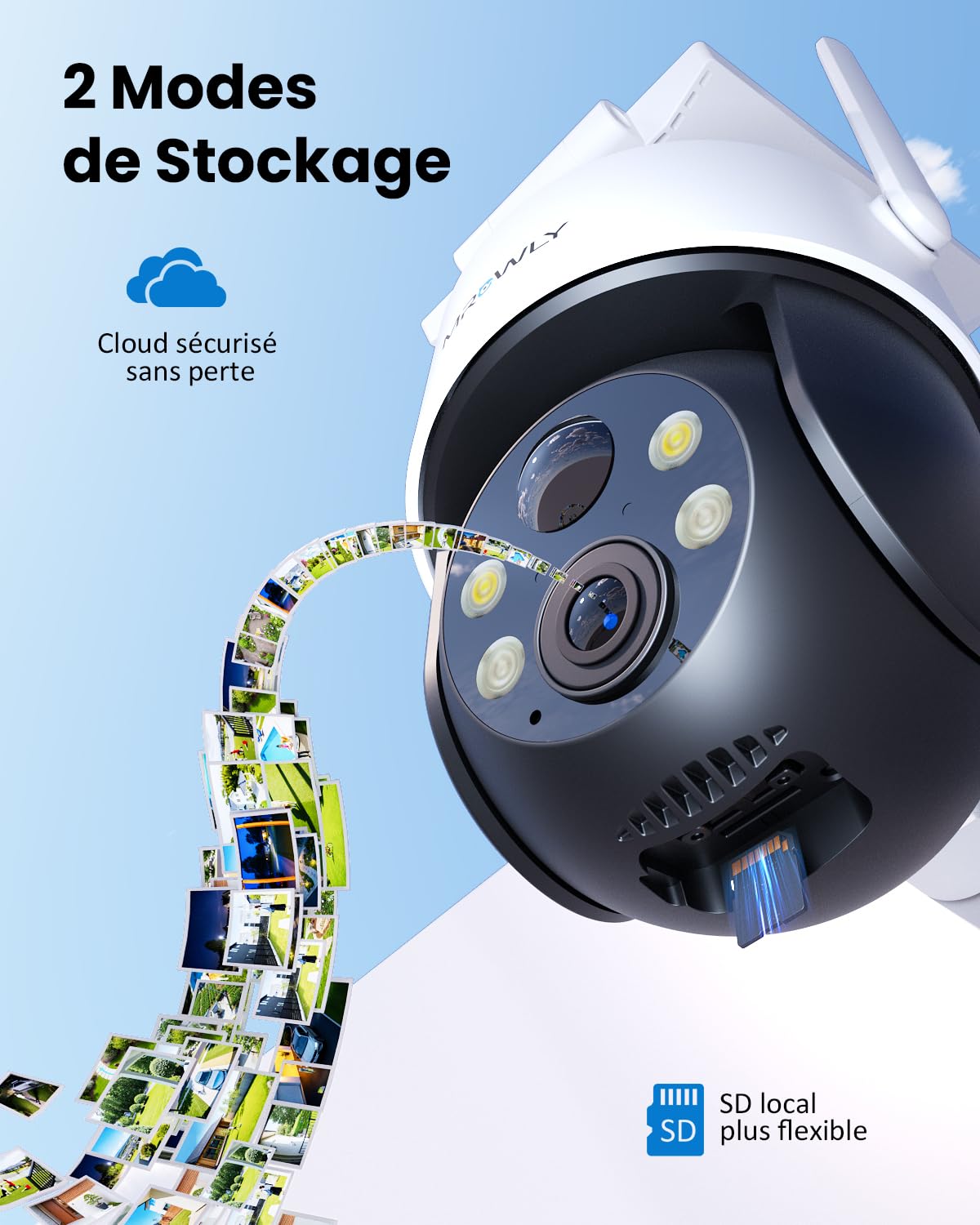 2K Camera Surveillance WiFi Exterieure sans Fil, Panneau Solaire Intégré ou Amovible, 360° PTZ 2,4GHz, Installation Facile Camera Solaire Batterie, Détecteur PIR, Vision Nocturne Couleur