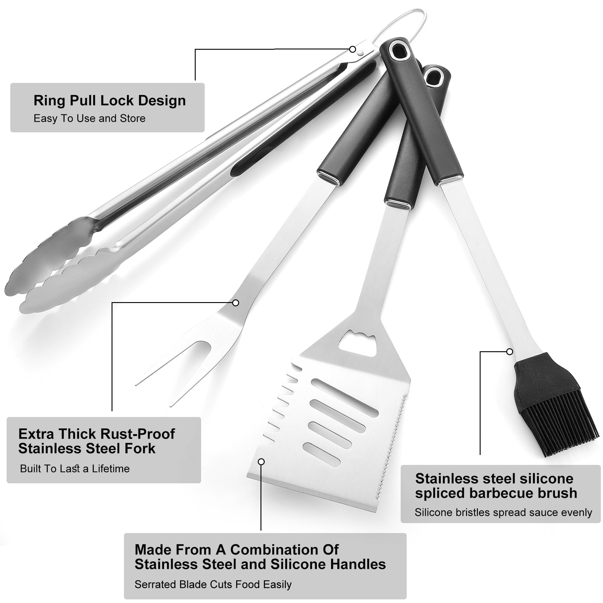 5 accesorios para barbacoa, herramientas de parrilla, accesorios de parrilla resistentes, accesorios de parrilla, juego de herramientas de parrilla con espátula, tenedor, pinzas, cepillo y caja de