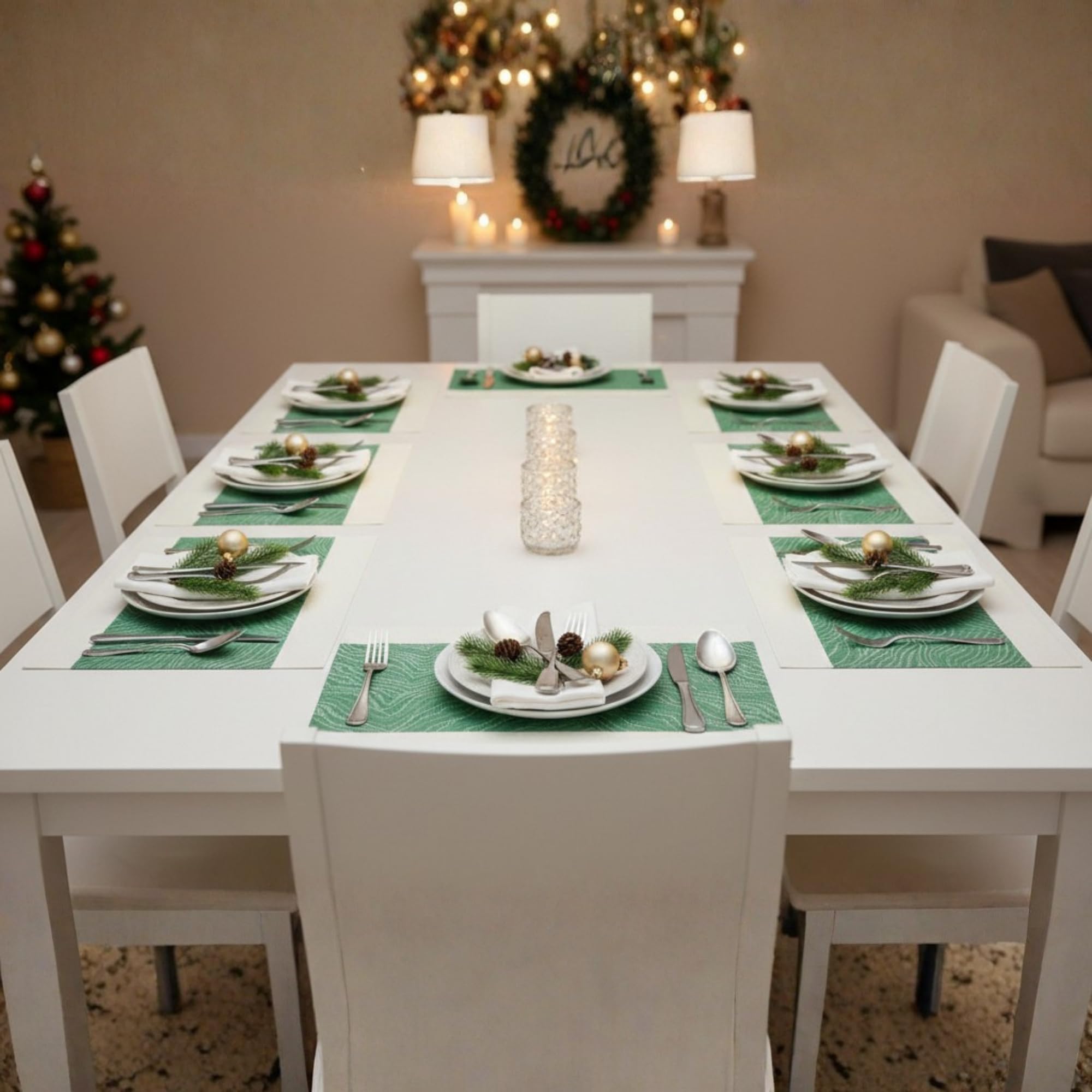 YELONA Placemats Set of 8, Heat-Resistant Woven Vinyl Table Mats, Non-Slip & Washable Dining Tablemats for Kitchen & Dinner Decor, Jade Green (45cm x 30cm)