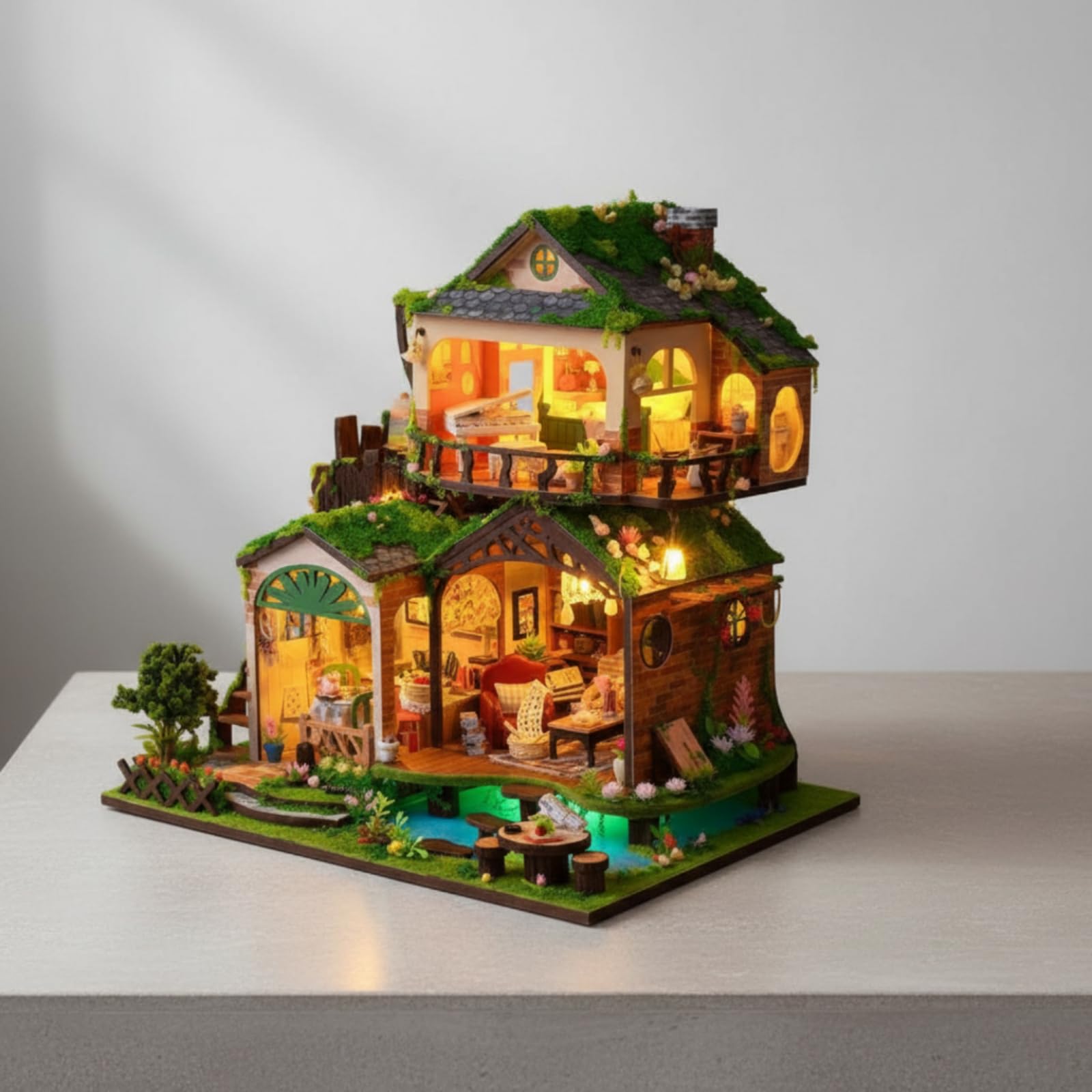 Kinder Lernpuzzle Miniaturhaus Bausatz Modellhaus Bastelset Holzpuzzle Spielzeug mit Beleuchtung Und Szenerie für Kinderzimmer Spielbereich Schreibtisch