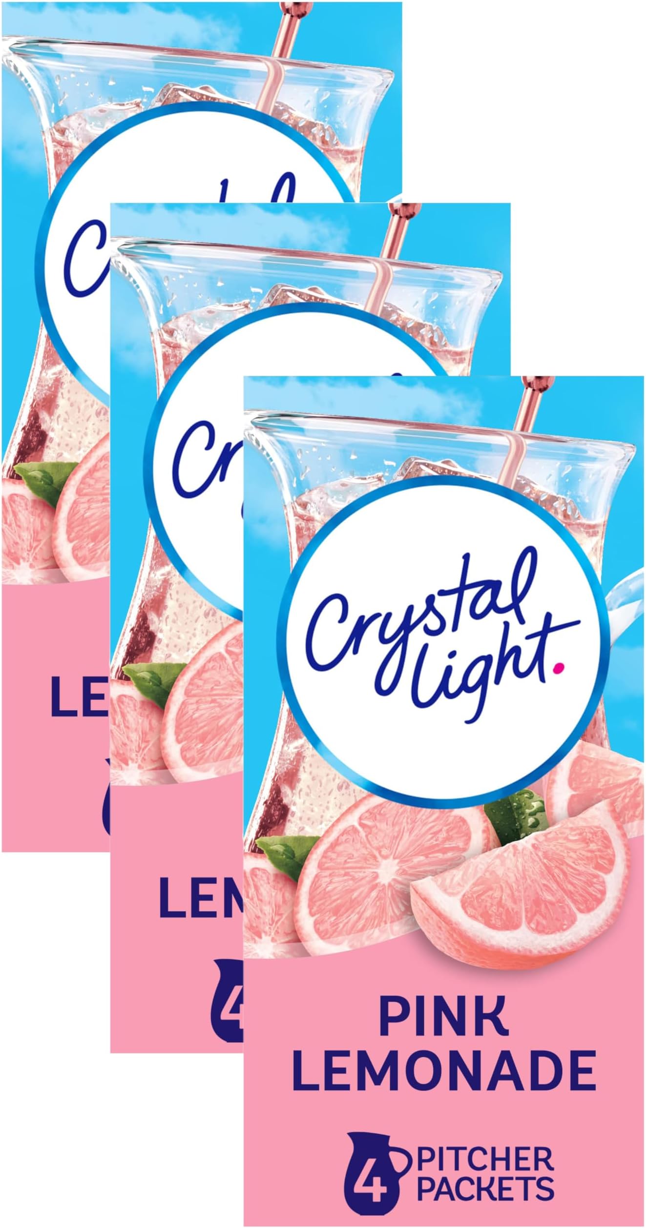 Crystal LightSugar-Free Pink Lemonade Naturally Flavored Powdered Drink Mix 4 Count Pitcher Packets (Pack of 3)