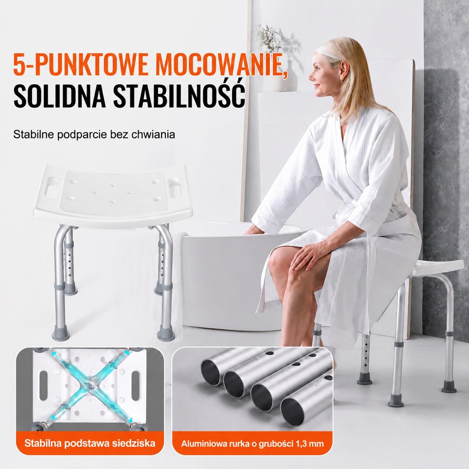 Taboret prysznicowy z regulacją wysokości, białe wygięte siedzisko PE i rama ze stopu aluminium do łazienki oraz wanny