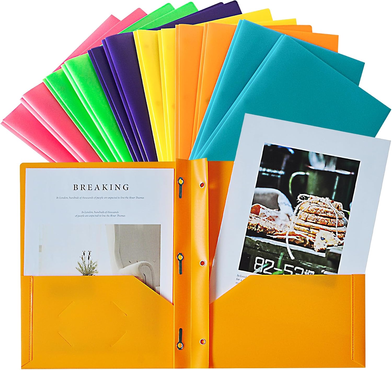 Seashell 2 Pocket Folders with Prong (12 Pack, Assorted Colors), Durable Poly Folder with Two Pockets, Letter Size, Business Card Holder, for Office and Classroom Use