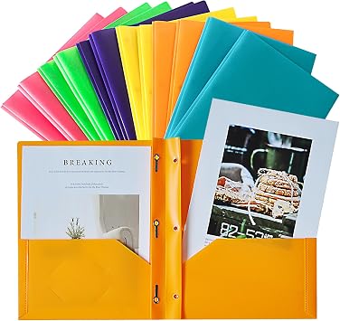 Seashell 12 Pack 2 Pocket Folders with Prongs, Plastic 3 Hole Punched Folder with Two Pockets, Letter Size, Heavy Duty, Assorted Colors, for Office and Classroom Use