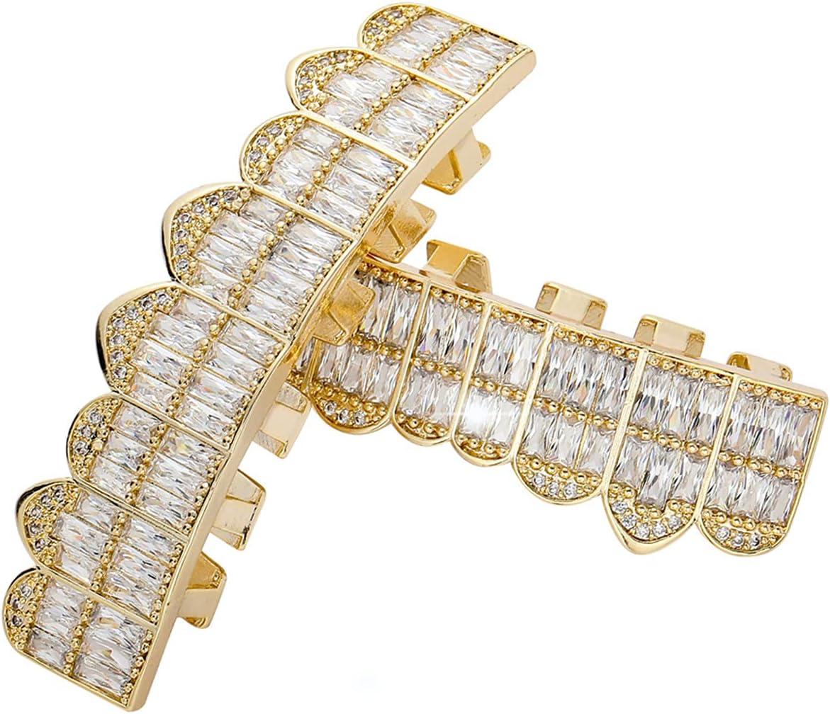 Fantex Hip Hop Rapper's Shiny Grills for Teeth, Iced Out Baguette Lab Diamond Jewelry, Top & Bottom 8pcs Teeth Braces for Men Women