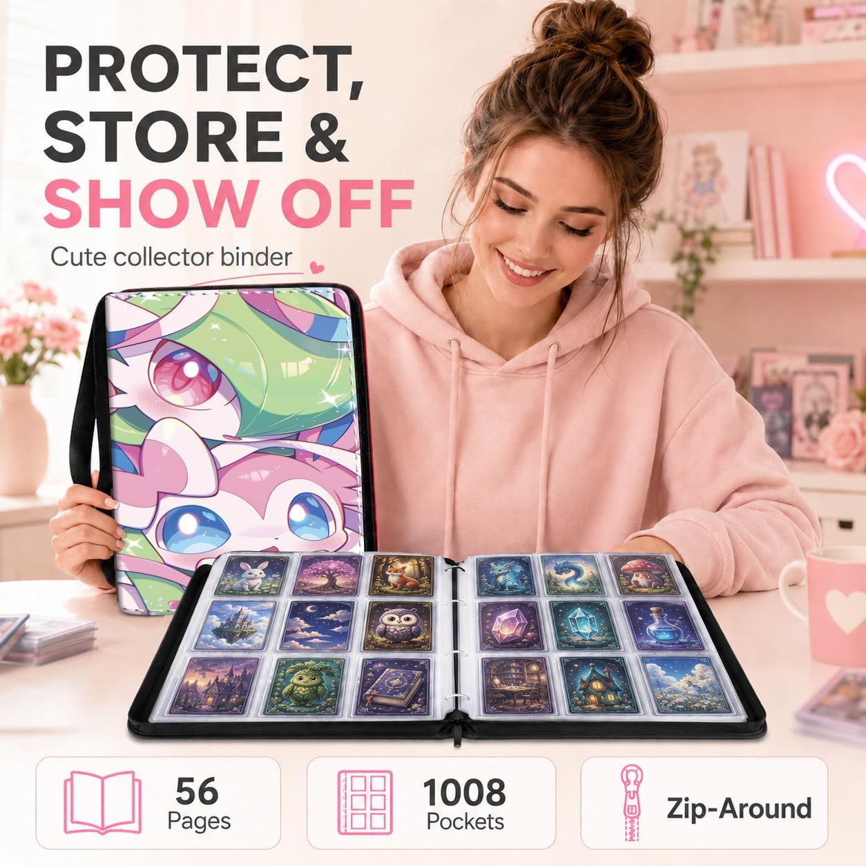 1008 Card Binder 9 Pocket, 3-Ring Trading Card Binder with 56 Page Removable Sleeves, High Storage Waterproof Trading Card Holder Collection Card Album Organizer Case for TCG Cards - Purple
