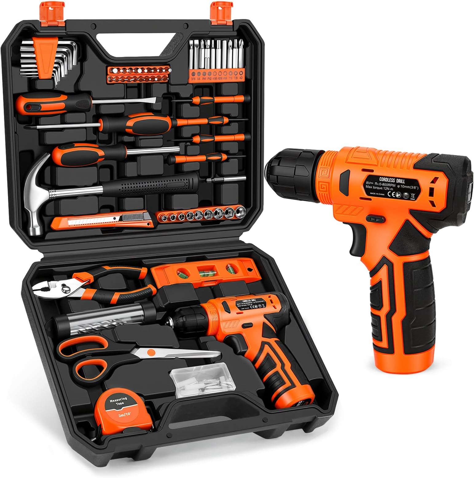 139-Piece Tool Set - Tool Kit with 8V Cordless Drill Driver in ToolBox Storage Case, General Household Drill Set for Home Repairs, Handyman, DIY Projects