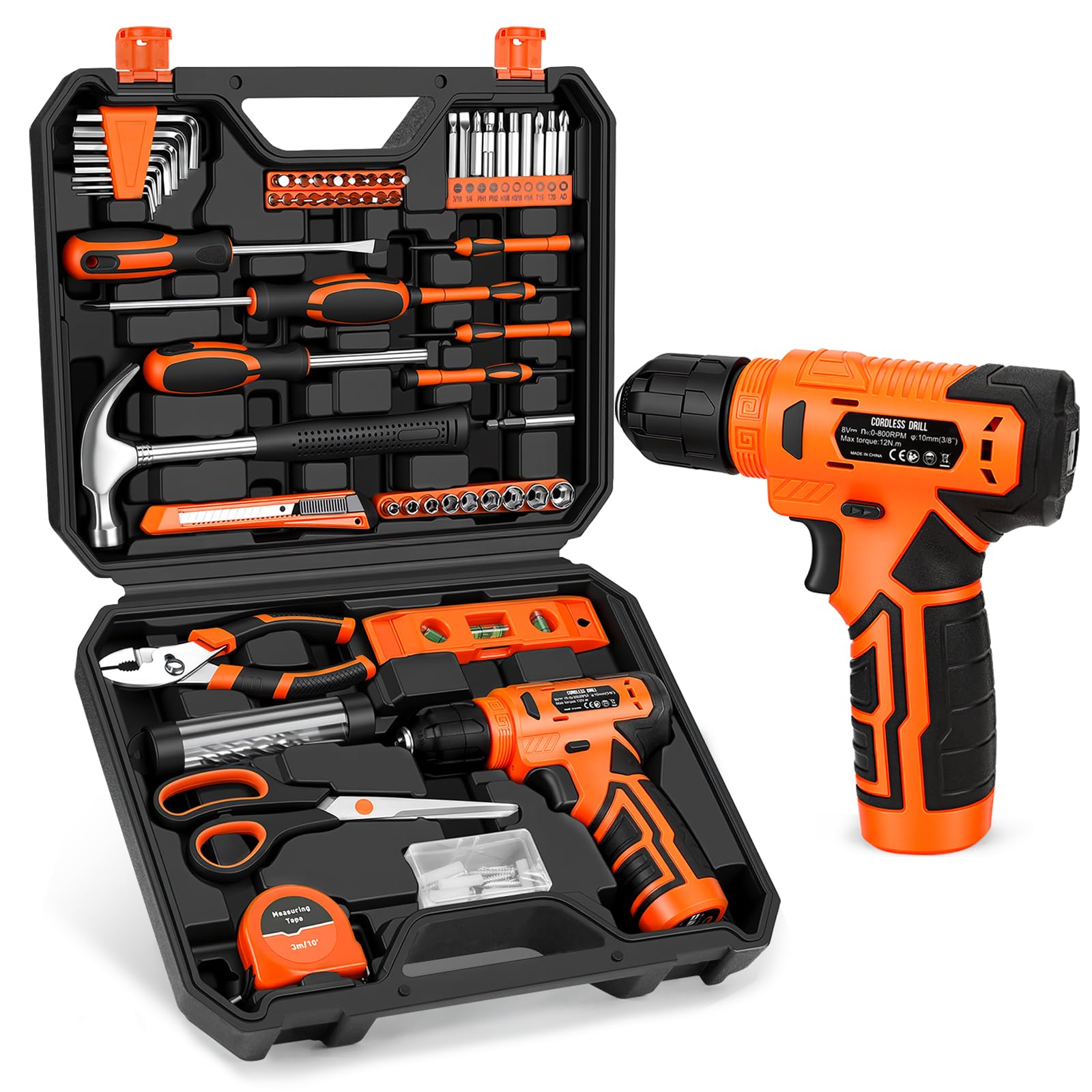 139-Piece Tool Set - Tool Kit with 8V Cordless Drill Driver in ToolBox Storage Case, General Household Drill Set for Home Repairs, Handyman, DIY Projects