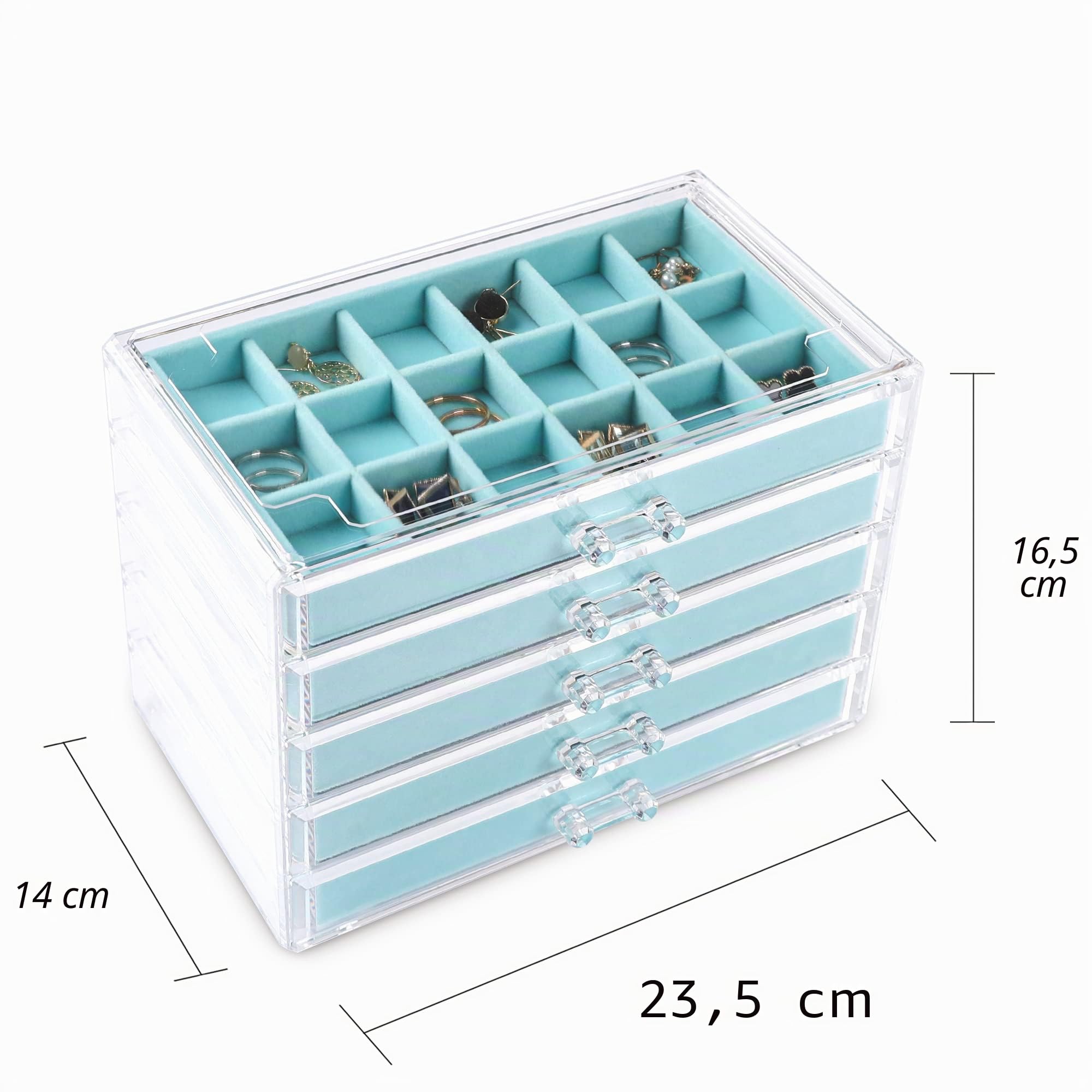 Frebeauty Joyero 5 cajones acrílico, organizador pendientes,61 casillas | Joyero o caja de almacenamiento transparente de 5 niveles y 61 compartimentos – Apto para diversos objetos pequeños