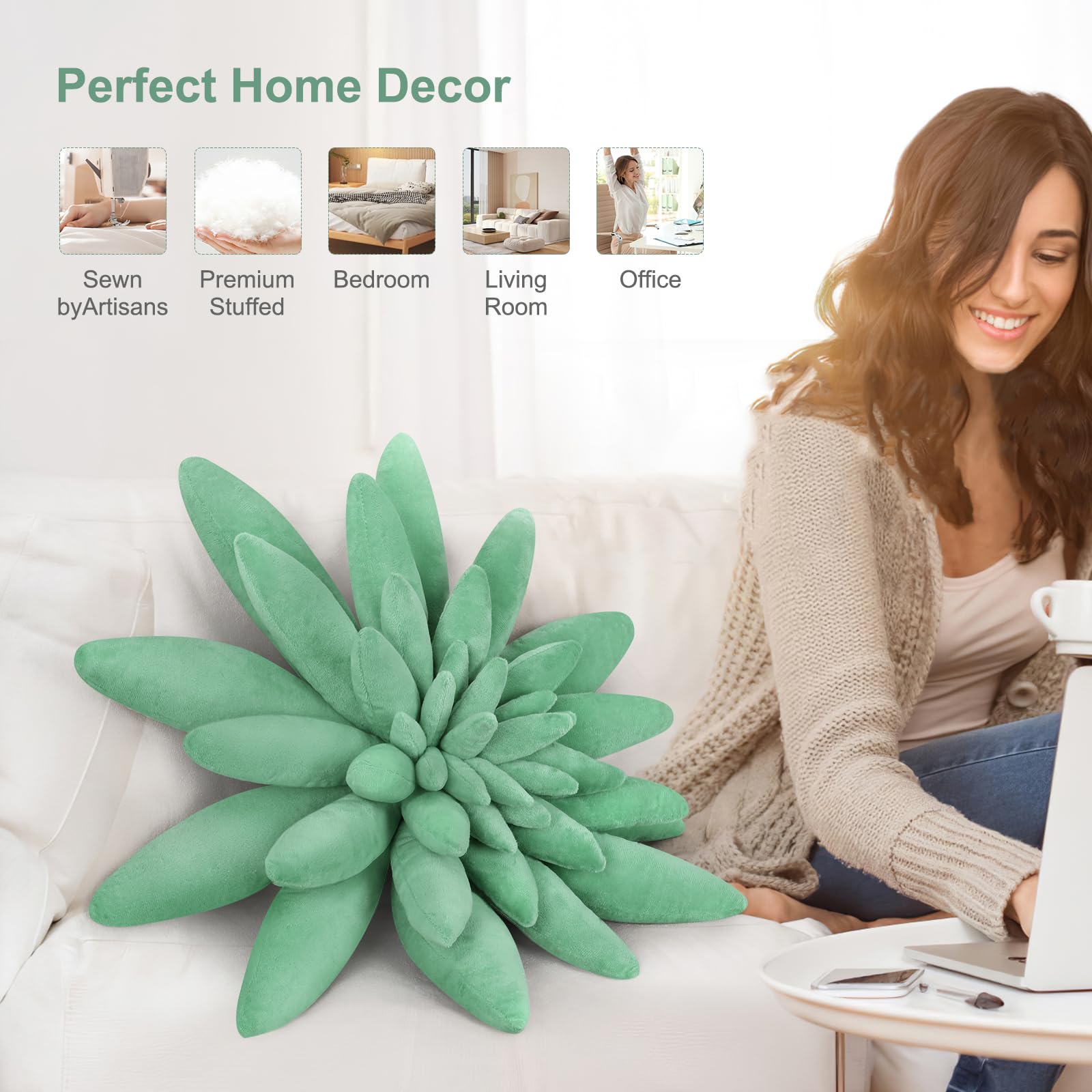 OtGalk Almohadas de suculentas, almohada decorativa de felpa cosida a mano, cojín de felpa 3D, almohada con forma de plantas, para dormitorio y decoración del hogar, 55 cm
