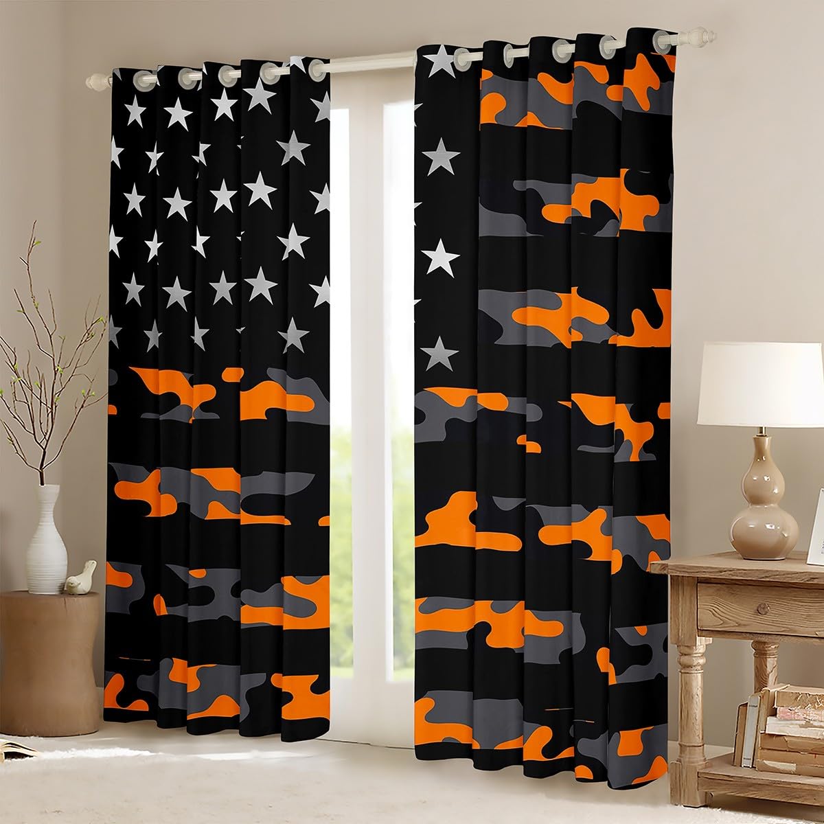 Camo American Flag Curtain,Orange Grey Black Camouflage Print Window Drapes for Girls Boys Teens,Stars Stripes Flag Window Treatment Curtains for Living Room and Bedroom, 38Wx45L inch