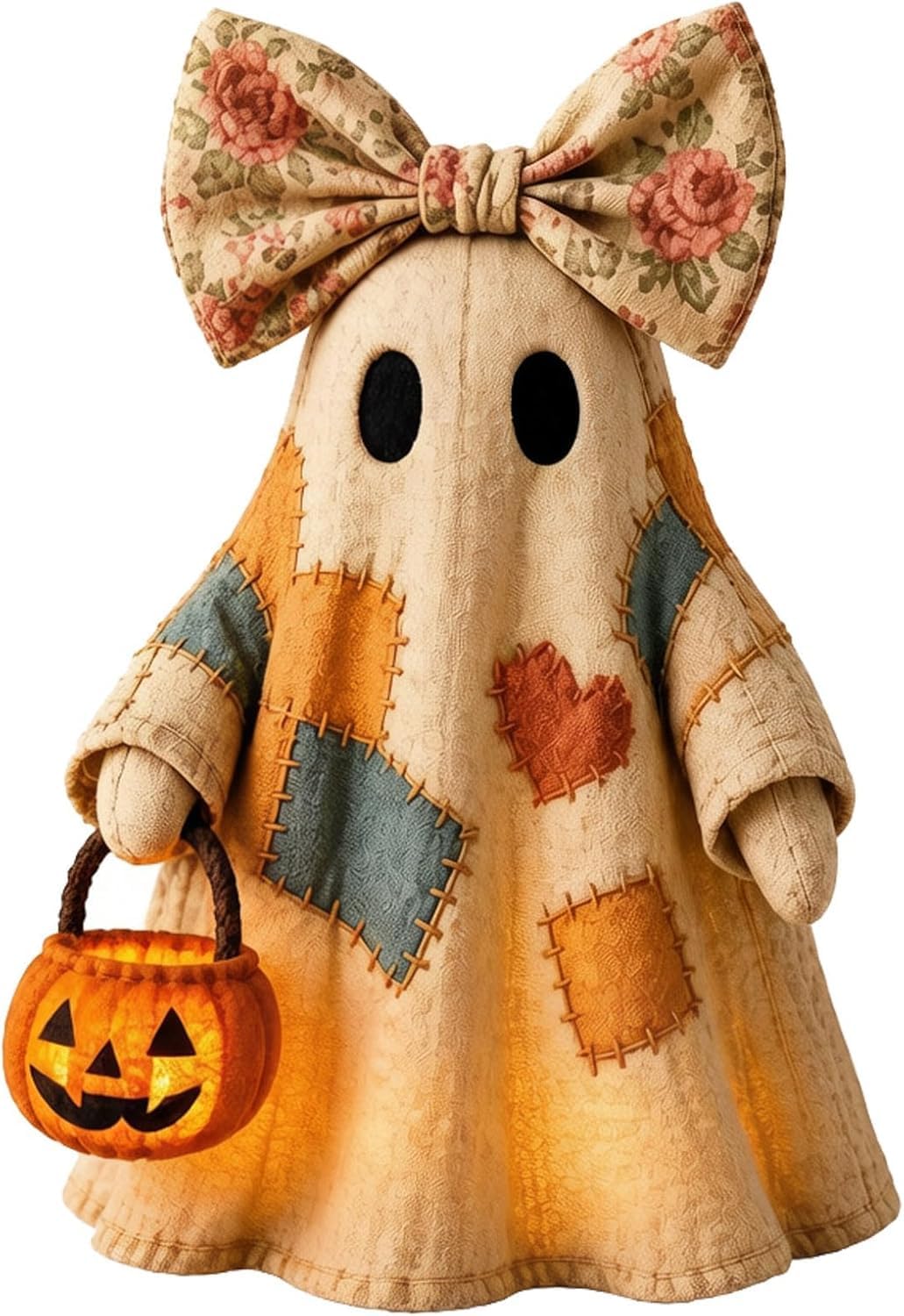 HshDUti Lighted Vintage Patchwork Ghost Halloween Decor, LED Tabletop Figurine, Rustic Farmhouse Style, Spooky Cute Fall Shelf Mantel Centrepiece for Home Office Tiered Tray A