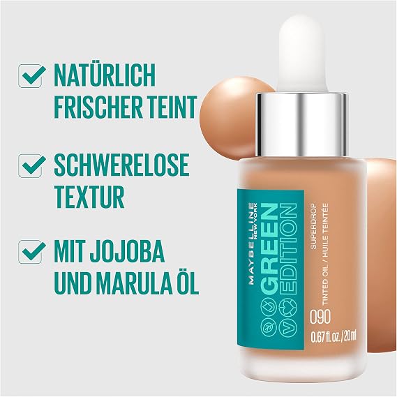 Maybelline Green Edition Superdrop Tinted Oil, adjustable, natural coverage, vegan formula, 30