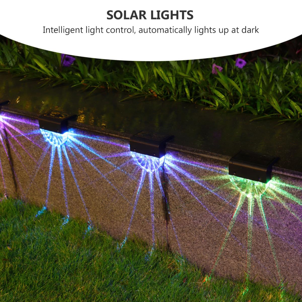 UKCOCO 4 Stück Solar Stufenleuchten Ip65 mit Automatischer Dämmerungsschaltung Warmweiß Bunt Kabellose Solar Außenleuchten für Treppen Zaun und Garten