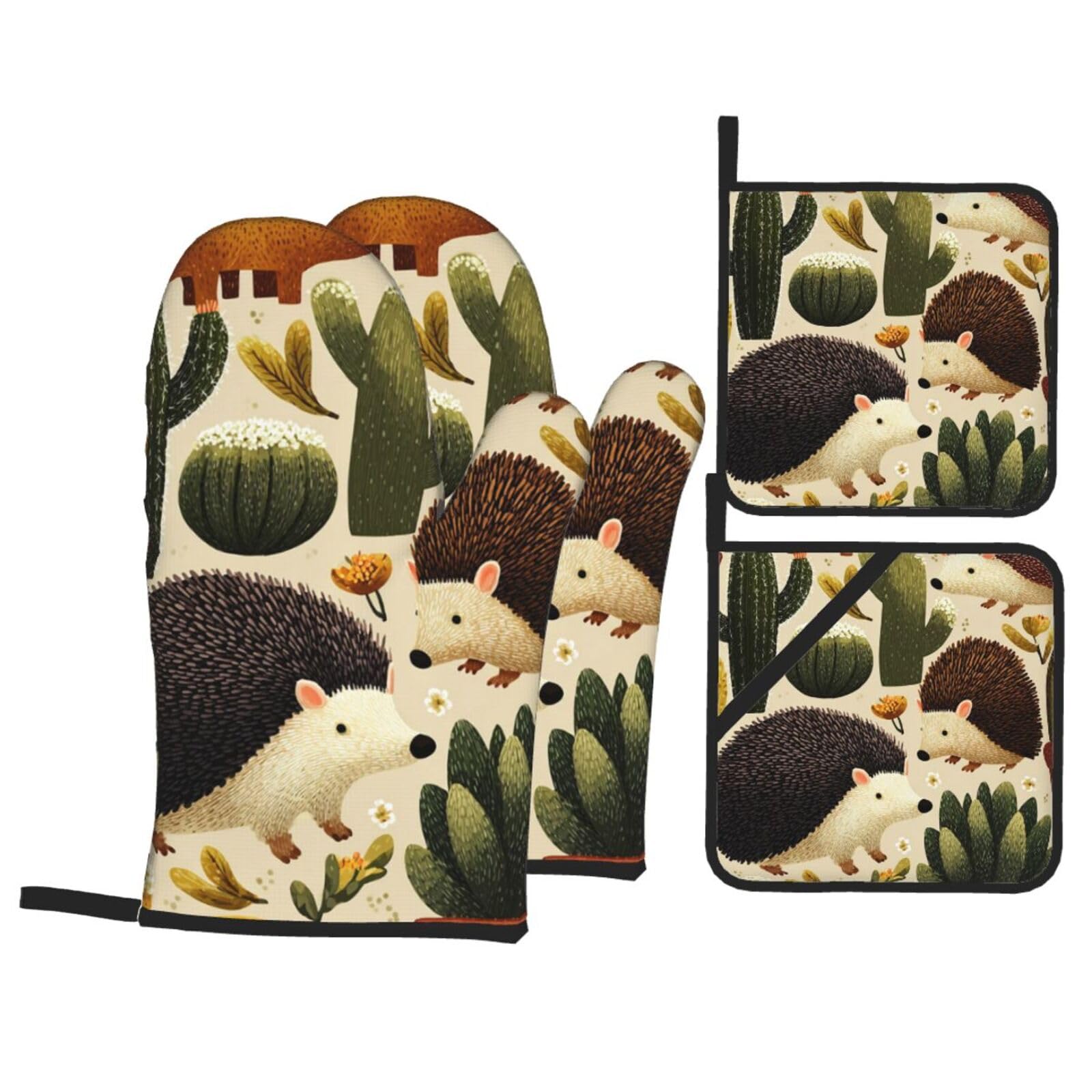Oven Mitts and Pot Holders Set of 4 Heat Resistant Non-Slip Kitchen Gloves Hot Pads Hedgehogs Cactus Oven Mitts Kitchen Mittens Gloves Non-Slip Potholders for Cooking Baking Grilling BBQ