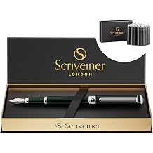 Scriveiner British Racing Green Fountain Pen - Stunning Luxury Pen with Chrome Finish, Schmidt Nib Medium, Bundle with Fountain Pen Ink Cartridges - Black - 20 Standard International, Made in UK