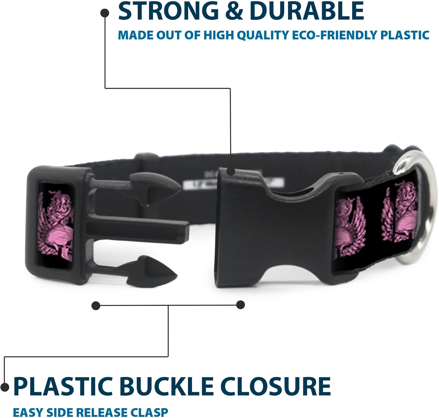 Buckle-Down Bd Skulls with Wings Black/Pink Plastic Clip Collar, 1.5" Wide-Fits 16-23" Neck-Medium
