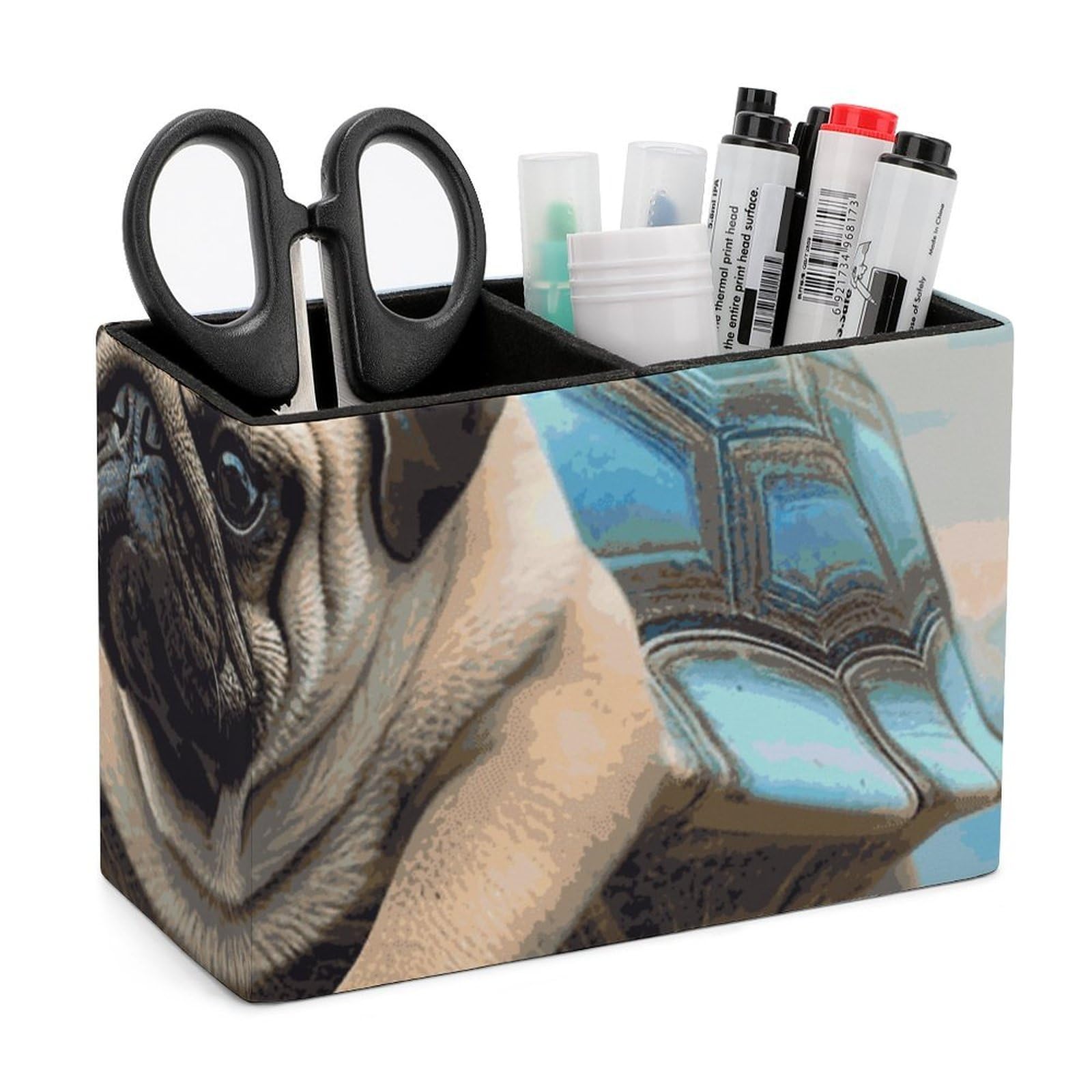 JTREHY Funny Turtle Pug Dog in The Sky Pencil Holder Exquisite Fashion Leather Pen Receptacle Soft High-End Pen Container for Office Home Accessories Or Housewarming Present