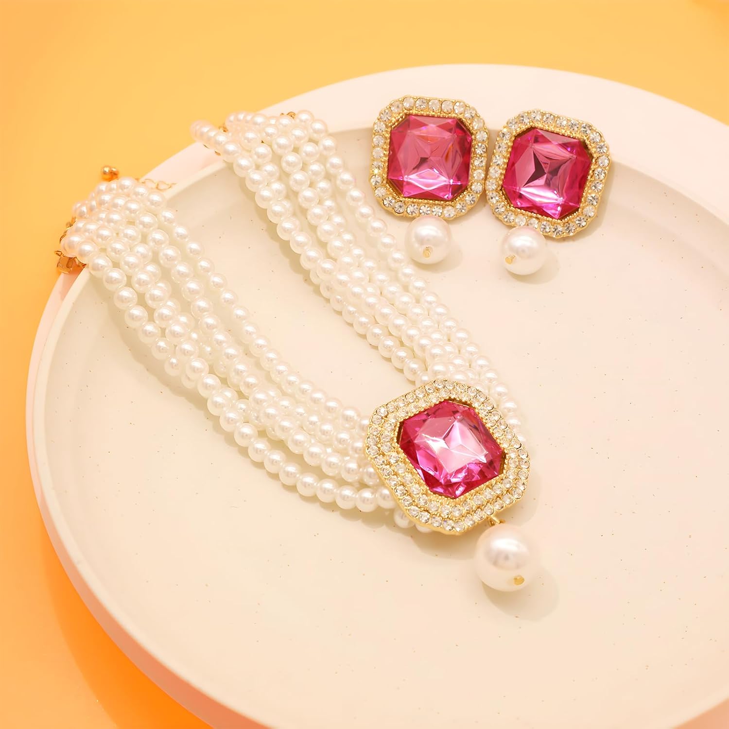 We We Elegant Layered Simulated Pearl Crystal Necklace Earrings Set for Women Rhinestone Pearl Choker Collar Neckalces Costume Wedding Jewelry - Image 5