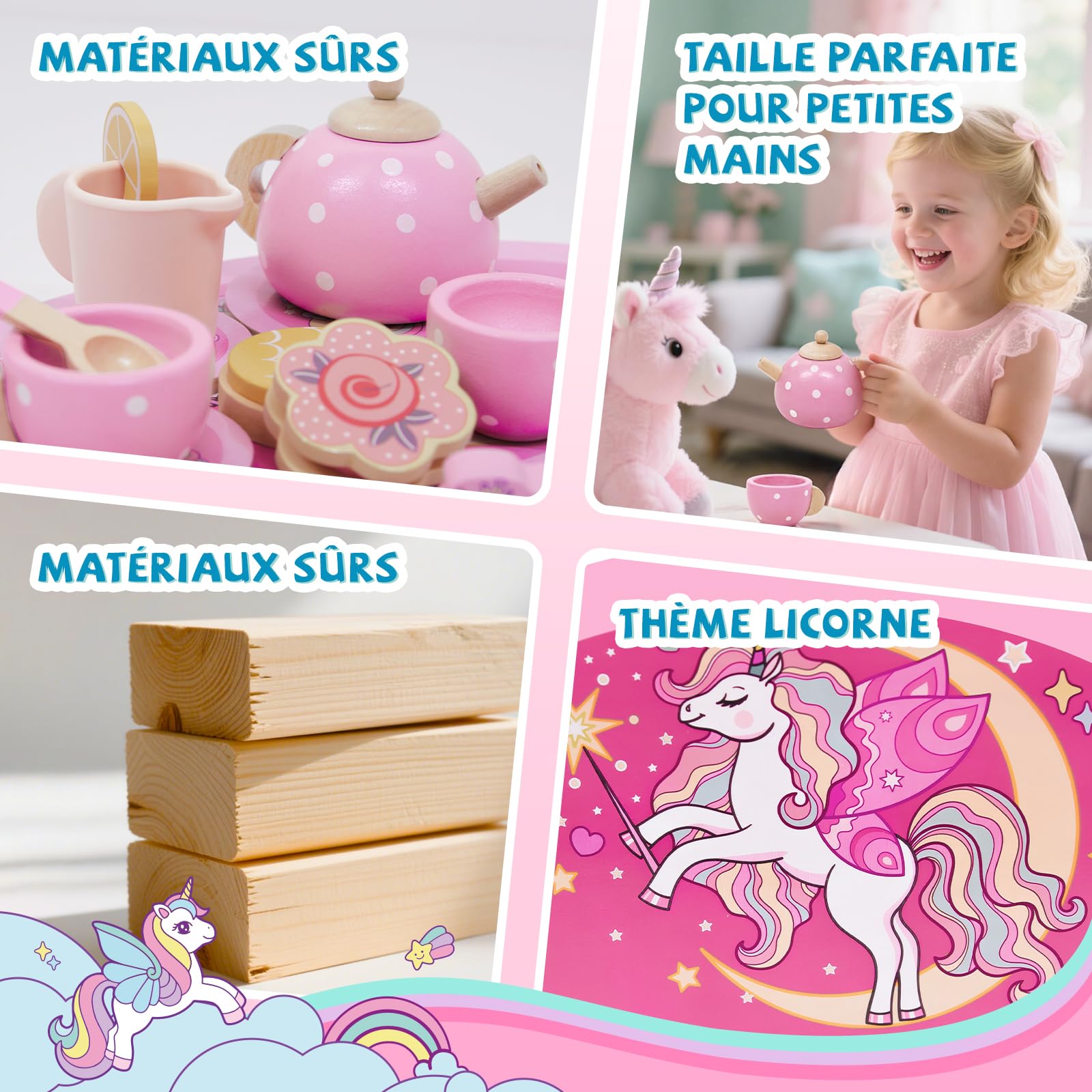 Jouet Fille 2-6 Ans,Licorne Services à Thé en Bois Montessori, Accessoire Cuisine Enfant avec Figurine Licorne et Dessert, Dinette Enfant 2-6 Ans Cadeau Anniversaire Cadeaux de Pâques pour Enfants