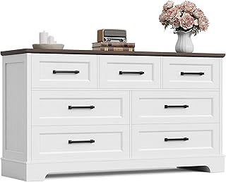 Furmax Farmhouse Dresser for Bedroom, 7 Drawers Dresser, Wood Chest of Drawers, 52" Wide Storage Dressers Organizer for Bedroom, Living Room, White and Brown