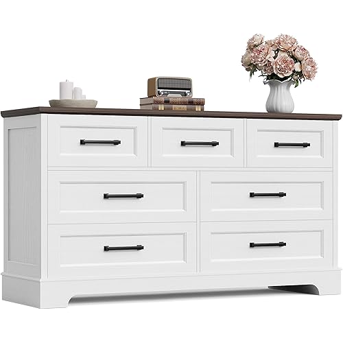 Furmax Farmhouse Dresser for Bedroom, 7 Drawers Dresser, Wood Chest of Drawers, 52" Wide Storage Dressers Organizer for Bedroom, Living Room, White and Brown