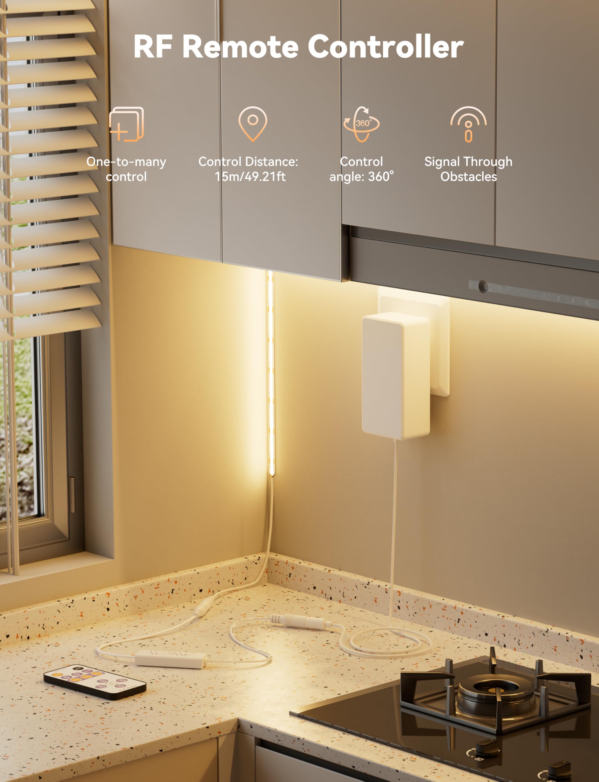 MIWISE Striscia LED COB 2700 K bianco caldo 20 piedi super luminoso dimmerabile 24 V CRI 90+ striscia luminosa flessibile con telecomando RF per l'illuminazione dell'armadio domestico
