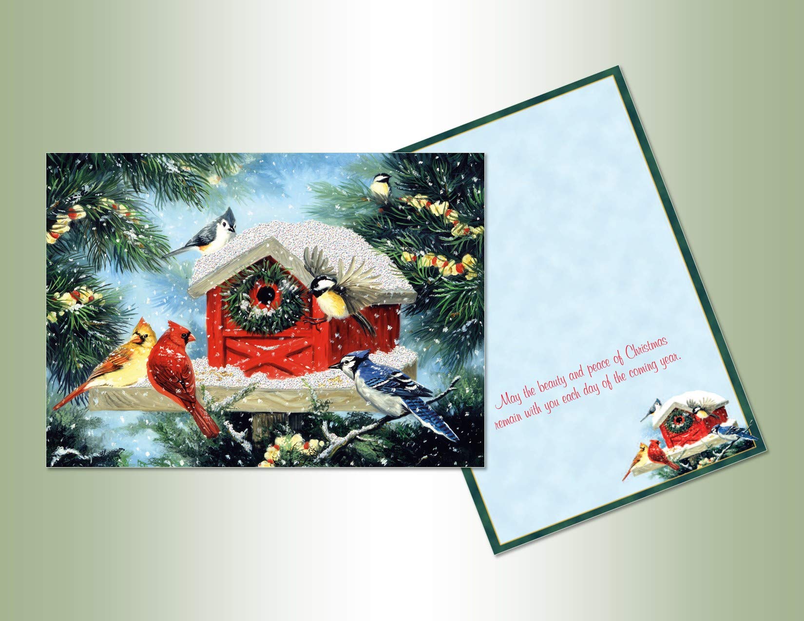 Performing Arts Luxury Birdhouse Christmas Card - Pack of 14 Snowy Birdhouse Holiday Greeting Cards With Cardinals, Blue Jays And Chickadees - Glitter Embellished, Full Color Inside - Made In USA