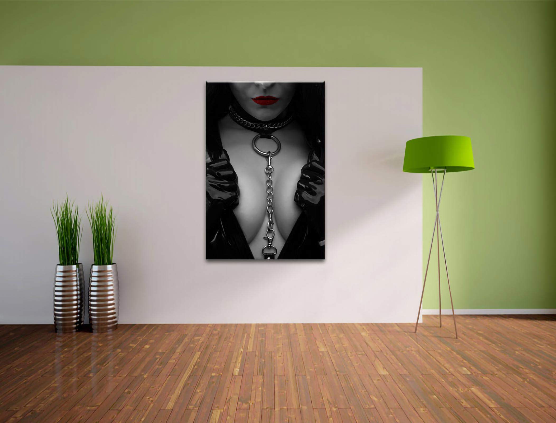 Pixxprint Strenge Domina rote Lippen mit Halsband, Größe: 120x80cm, Leinwandbild, fertig gespannt, Wandbild, Dekoration, Kunstdruck, kein Poster