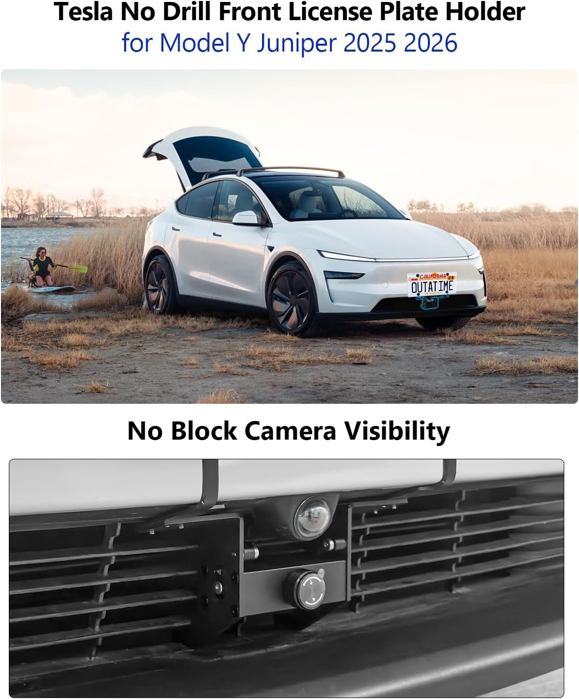No Drill Front License Plate Holder for Tesla Model Y Juniper 2025-2026, Camera-Compatible Plate Bracket Mount Lockable Anti-Theft No Adhesives License Plate Frame Car Wash Safe Model Y Accessories