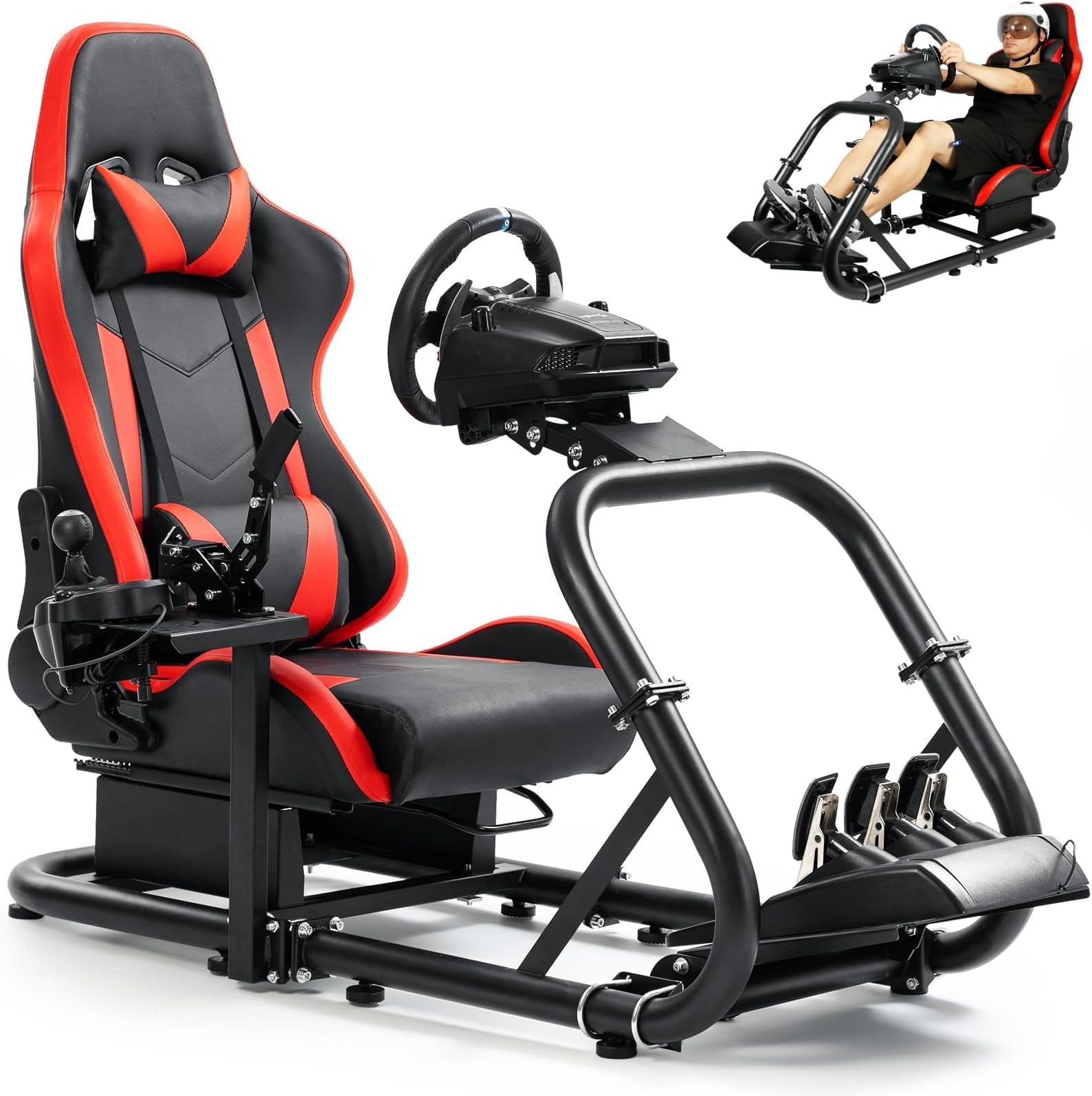 Marada Racing Sim Cockpit Stand with comfortable Seat Fit for Logitech G27 G923 G920,for Thrustmaster, Large Round Tube&Adjustable Professional Driving Race Mount,Wheel Pedal Handbrake Not Included