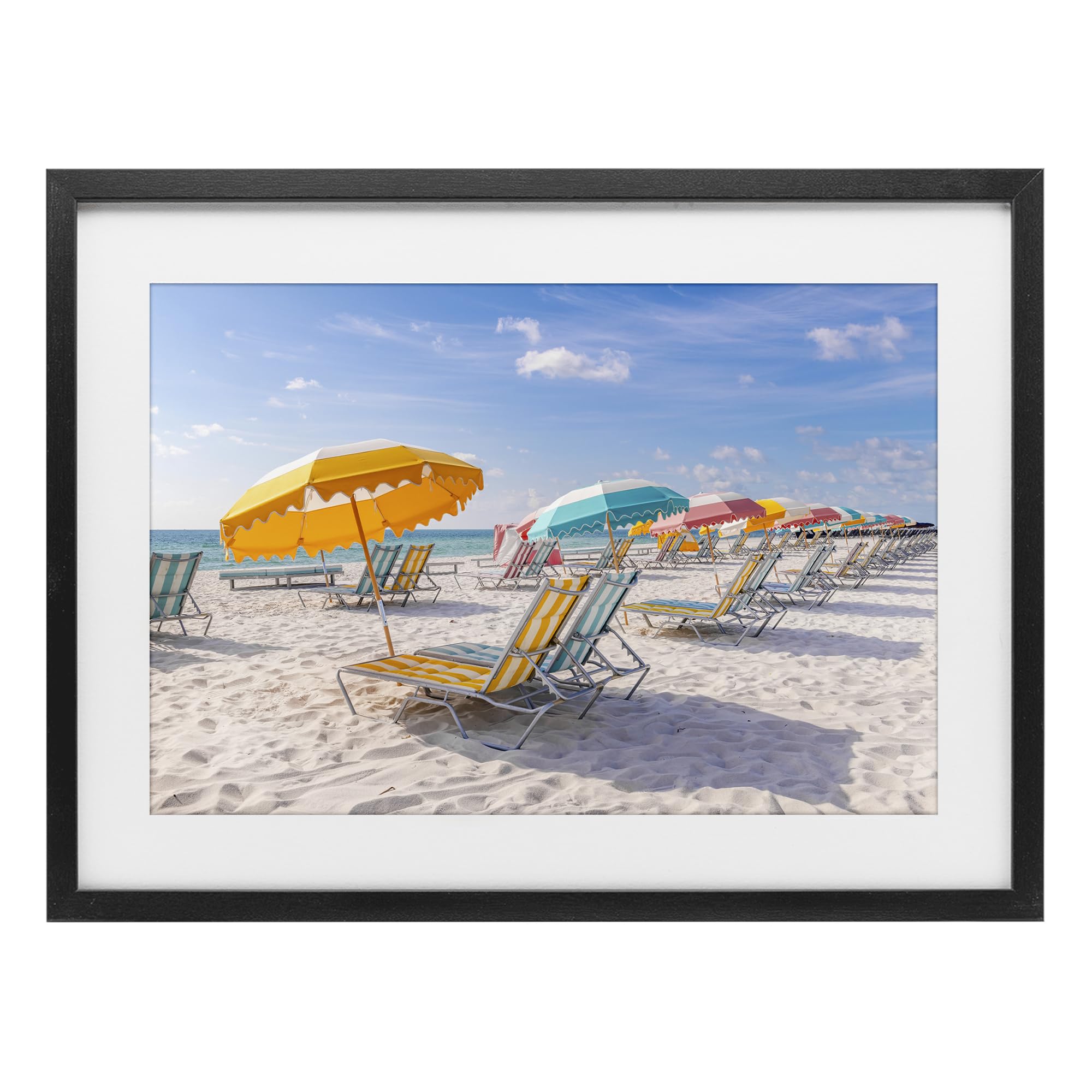 Stupell Industries Midnight Black (Textured) Striped Umbrellas Sunny Beach, 17 X 23 Inch Framed Print Under Glass