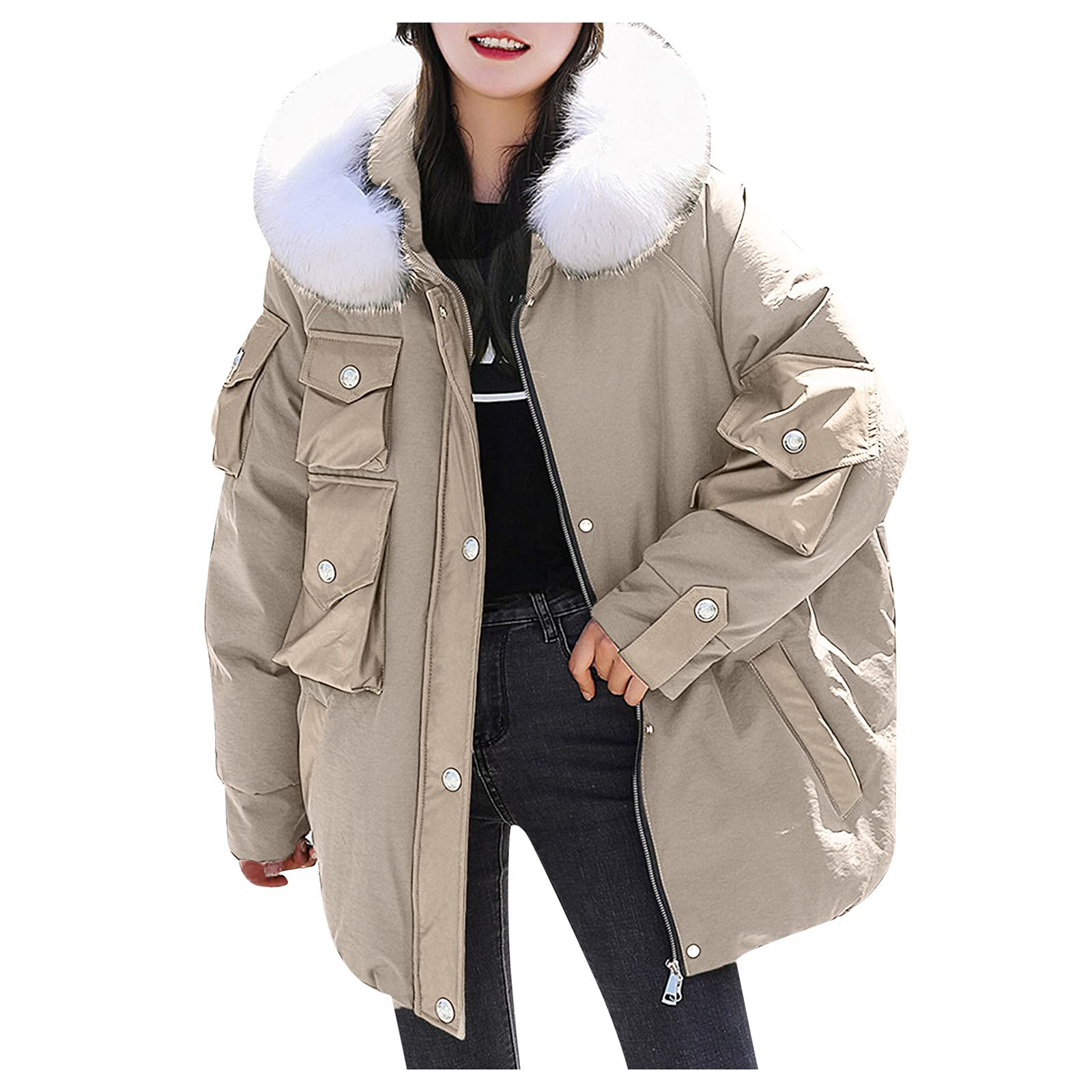 Chaqueta de invierno para mujer con capucha de piel sintética, abrigo de invierno cálido, cortavientos, chaqueta con capucha, chaqueta acolchada para exteriores, chaqueta funcional holgada, talla
