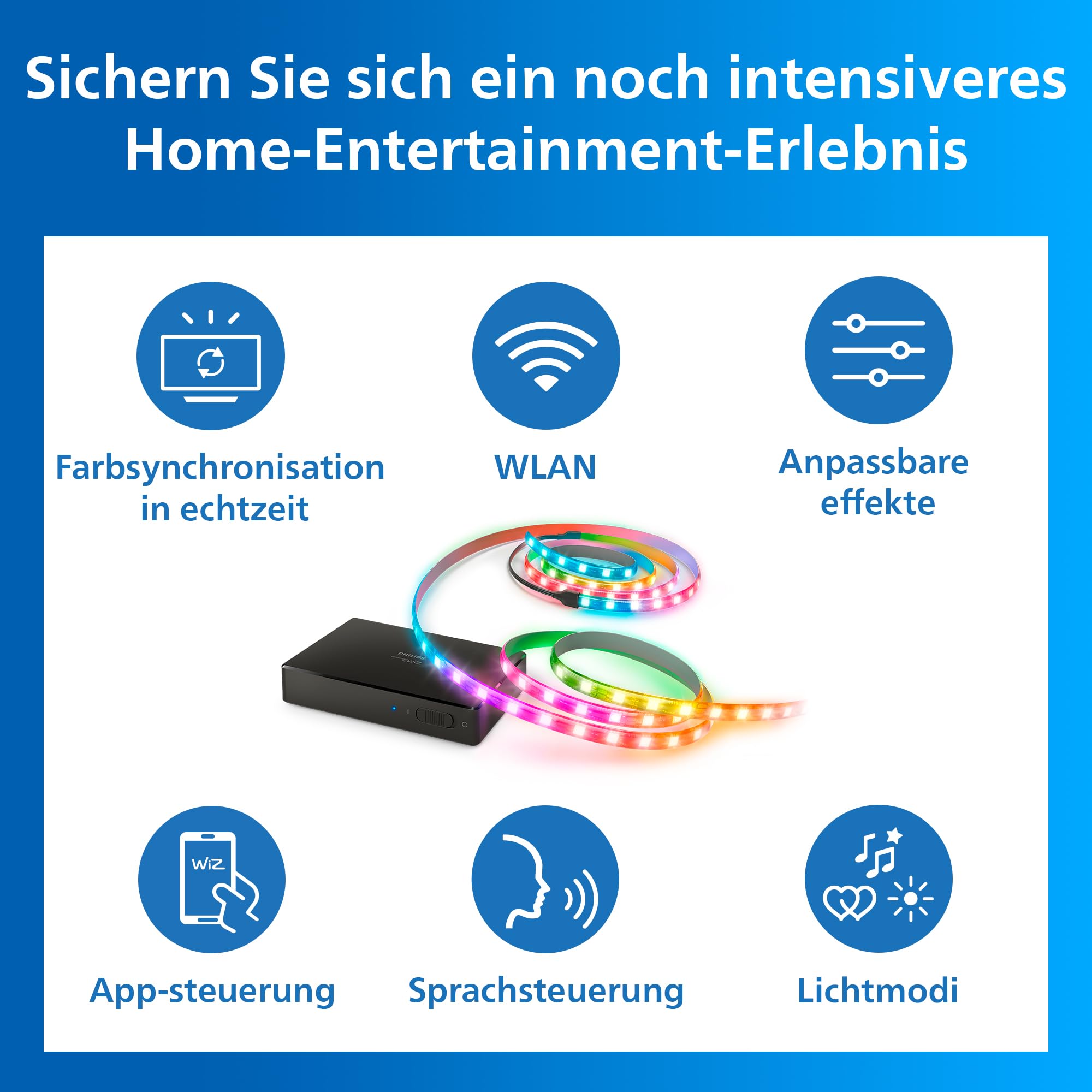 Philips Smart Lighting HDMI 2.1 Sync Box 8K mit TV-Hintergrundbeleuchtung, 55–65 Zoll, RGBIC LED-Lightstrip, Schn. Bildwiederh., Anpassb. Licht, Einf. Install., TV, Film, Games, HDMI-Eing. Erforderl.