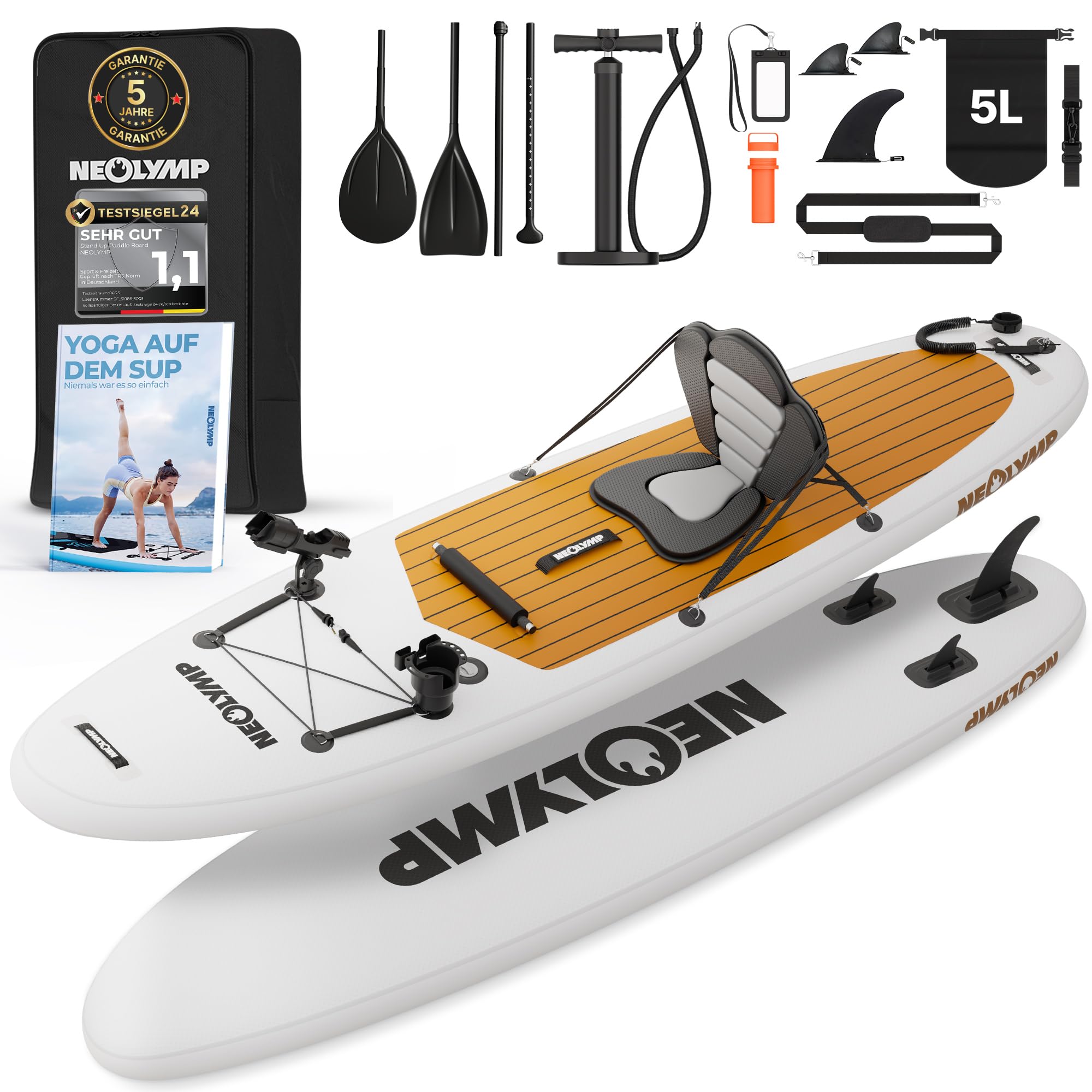 NEOLYMP Aufblasbares Stand Up Paddle Board 315 cm – SUP Komplett-Set 13-TLG. inkl. Kajaksitz, E-Book, Pumpe & Rucksack – für Kinder & Erwachsene – 150 kg Traglast – Paddleboard aufblasbar mit Zubehör