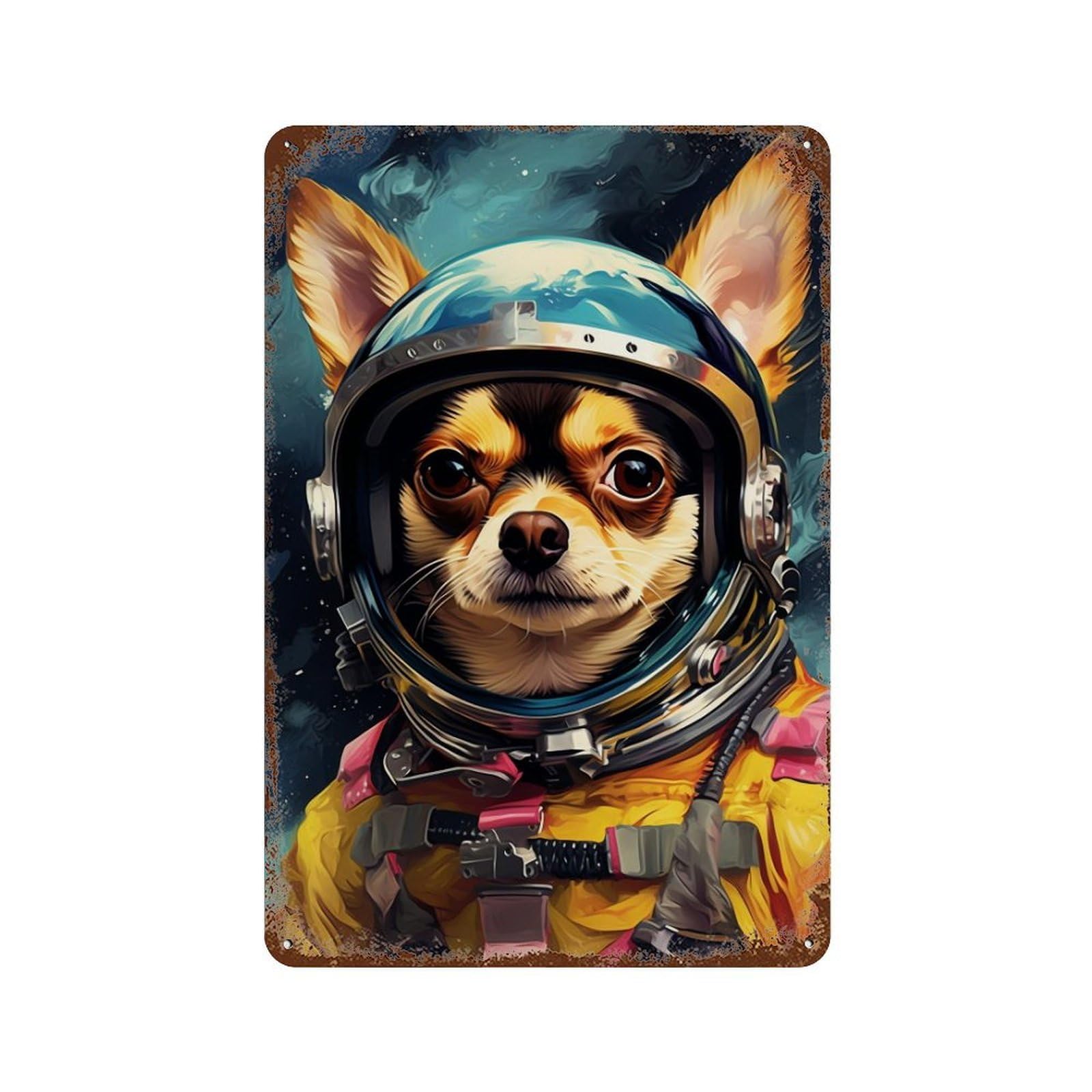 Space Dog Explorer-52 11.8"x7.9" Distressed Metal Wall Sign, Retro Wall Decor for Garage, Bar And Workshop Decor