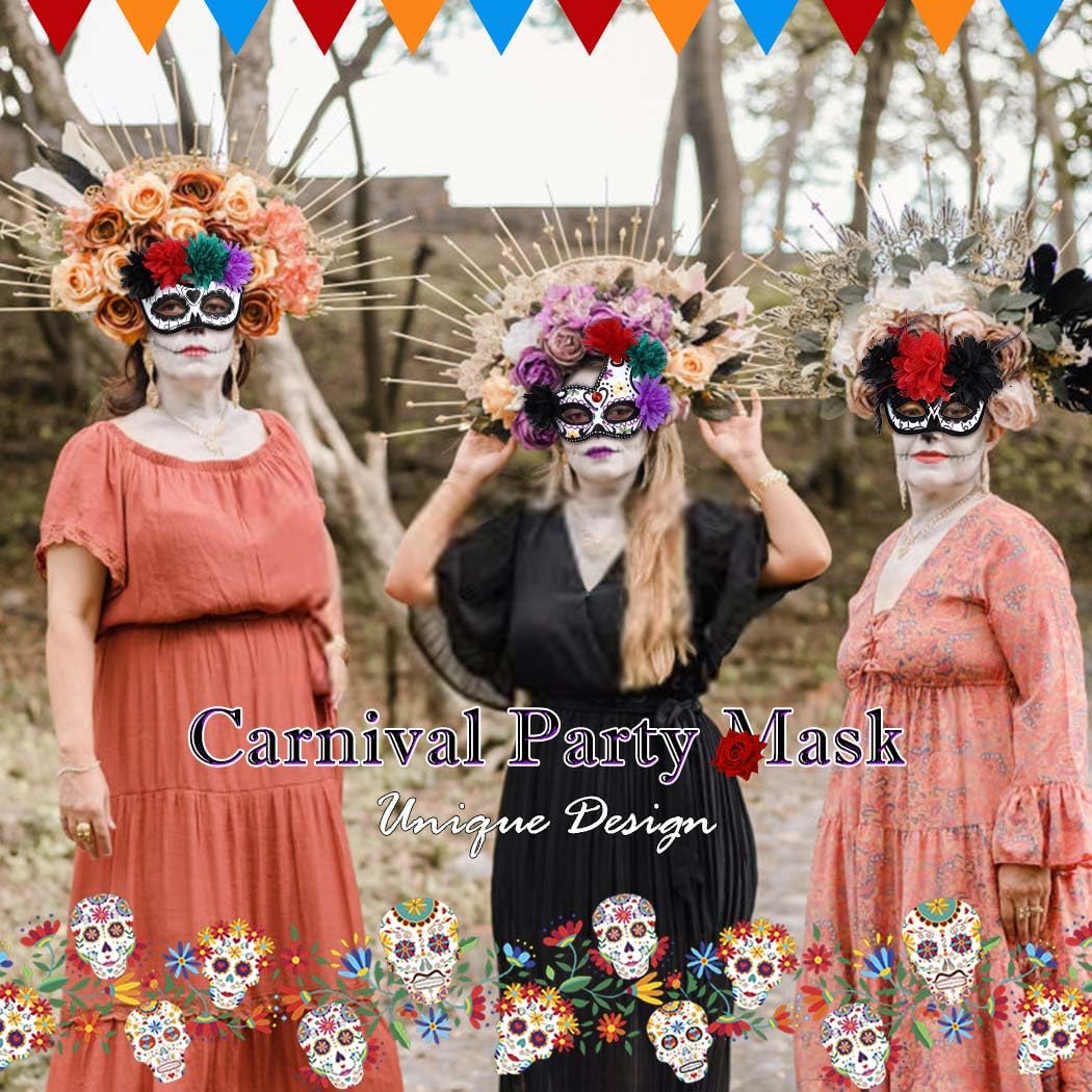 Nicute Masquerade Mask Mexican Day of the Dead Mask for Women Men Sugar Skull Flower Eyemask Fancy Carnival Party Masque