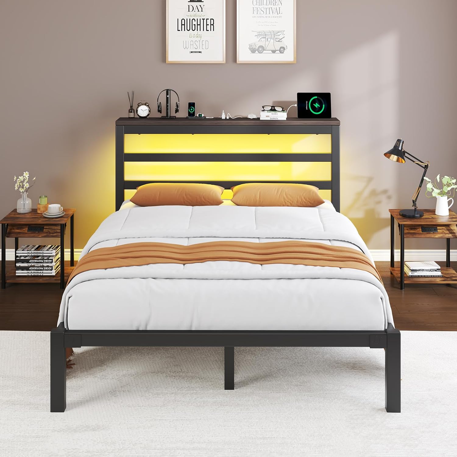 E-Motie Queen Size Bed Frame with Storage Headboard, Industrial Platform Bed with Charging Station and LED Lights, Underbed Storage Space,Easy Assembly,No Box Spring Needed,Modern, Black