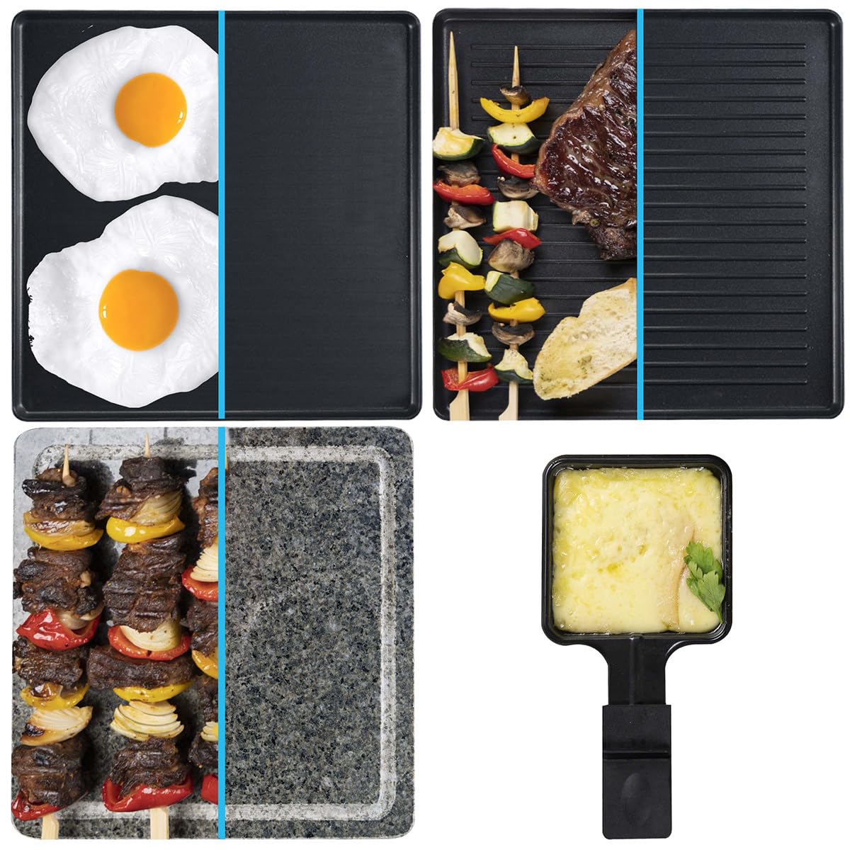 Yoer Racletto ERG04S, Elektryczny Grill Raclette 4w1, 1400W, 8porcji, zestaw, 3 sposoby grillowania, 5 poziomów temperatury, granitowa płyta, termostat,