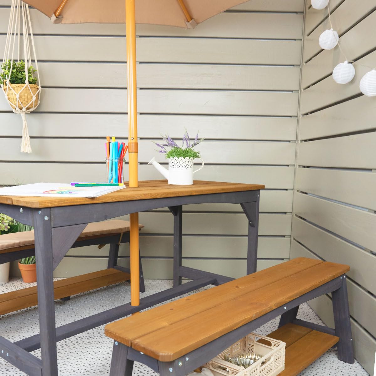 Meppi Salon de jardin Amrum avec parasol marron/anthranzite en bois - Salon pour enfants