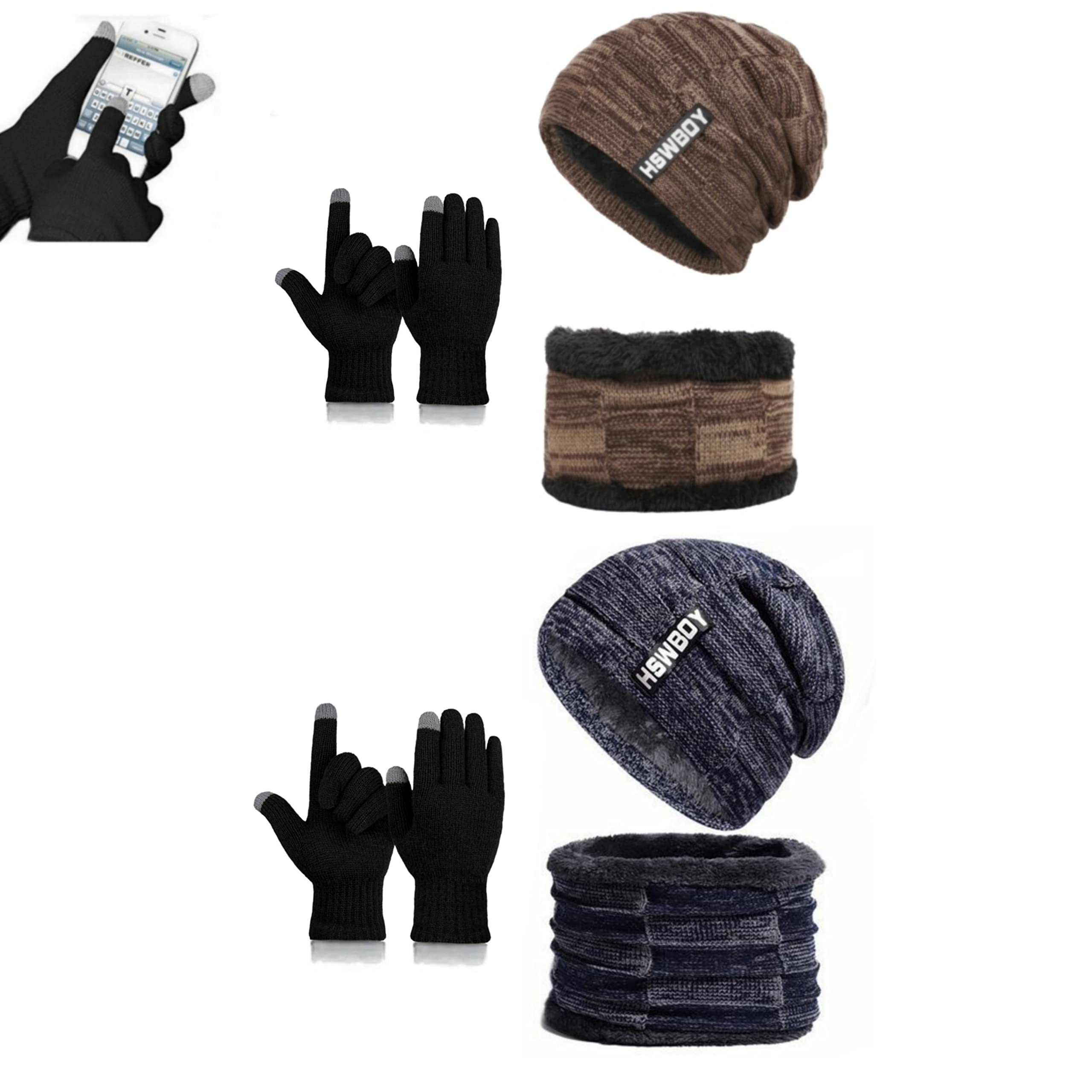 Latest Stylish Winter Woolen Beanie Cap Scarf (Fur Inside) and Touchscreen Gloves Set for Men and Women Stretch Warm Winter Cap-image-16