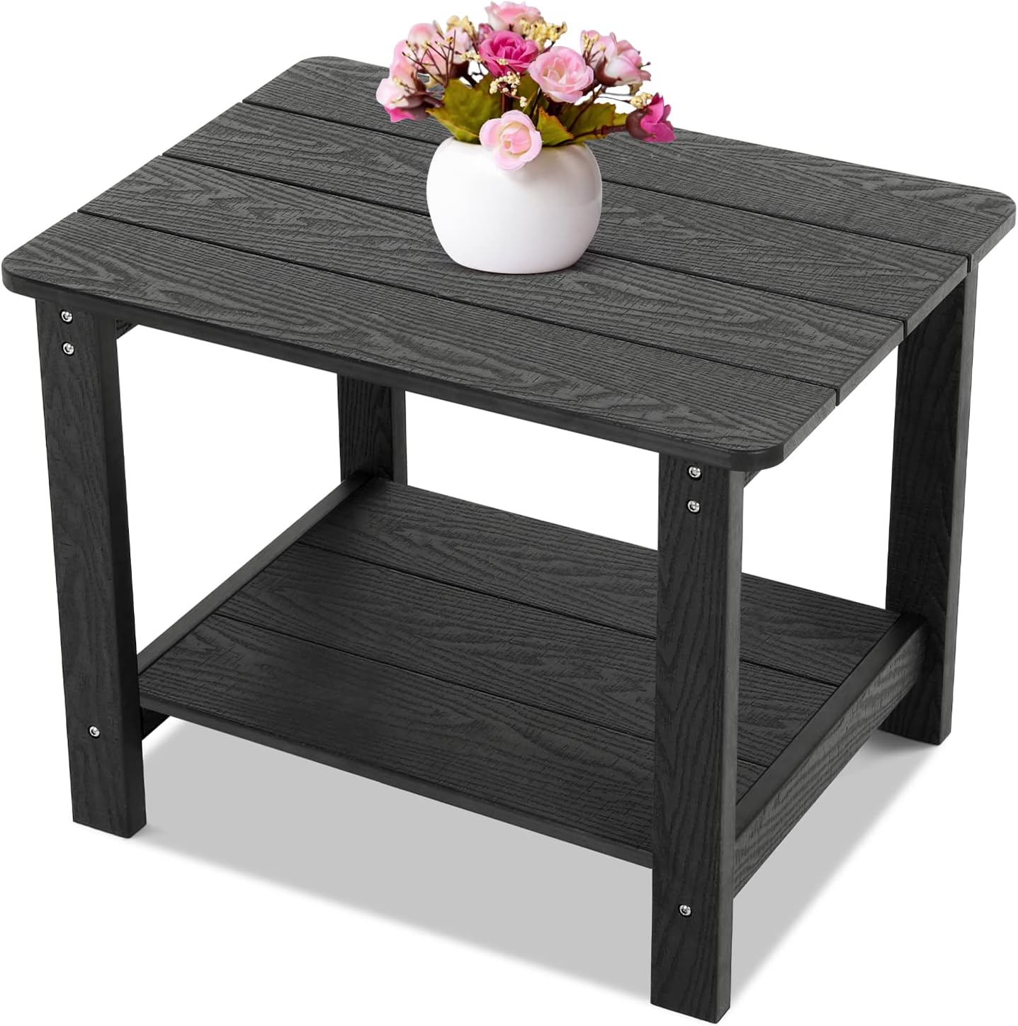 22.8 inches Oversized Outdoor Side Table with 2 Layer Storage, Rectangular End Table, All-Weather Patio Table, 22.8"x17"x17.5", Black