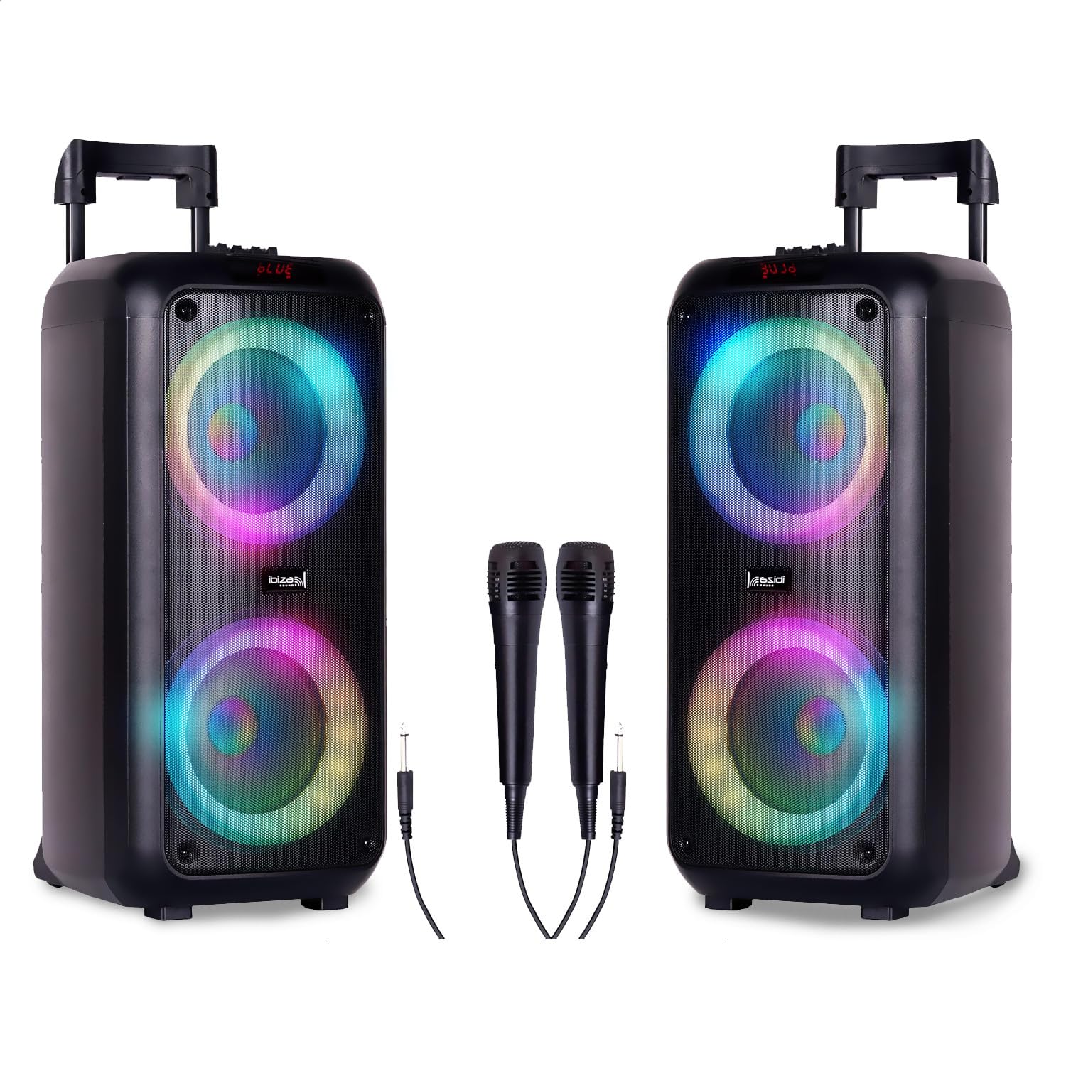 Pack 2 Enceintes Sono Active 1200W Lumineuse Karaoké 2x8 Bluetooth USB TWS Batteries intégrées, Soirées DJ