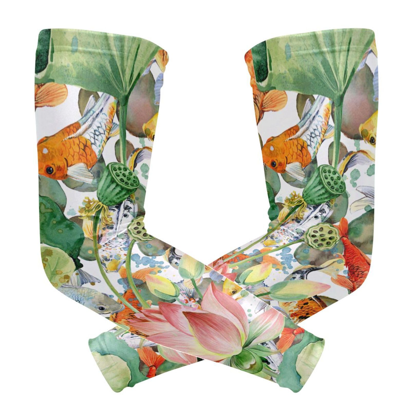 Vftphvr 1 Pair Cooling Sports Arm Sleeves, Cover Uv Sun Protection Warmer for Sports Unisex Running Golf Cycling Riding Jogging Print Japanese Carp Fishes Water Lilies Green Leaves Pattern