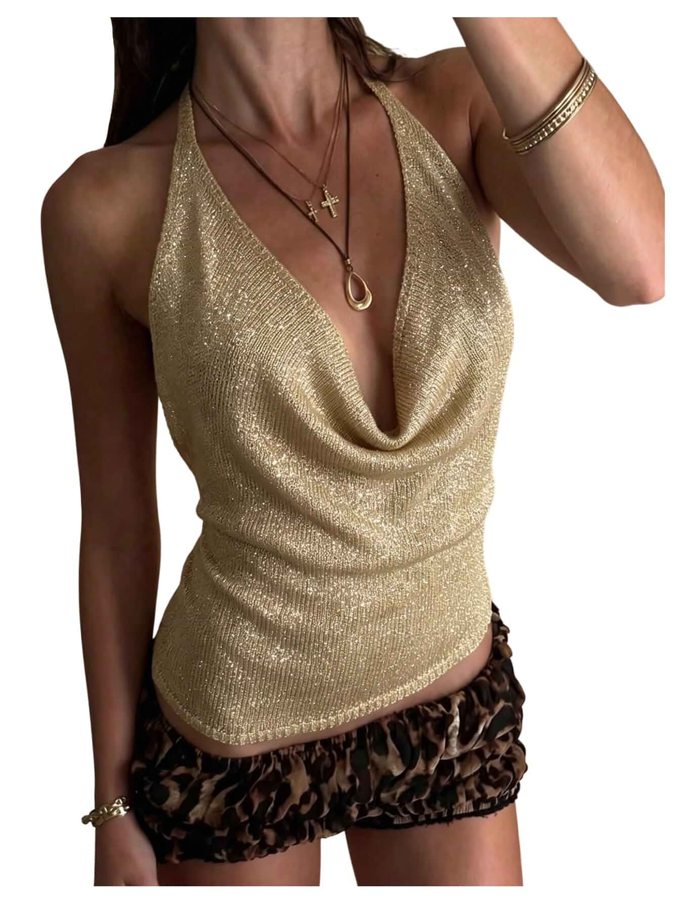 MakeMeChic Women's Gold Tops Sequin Sparkly Asymmetrical Going Out Tops Sparkly, Cowl Neck, Halter Top, Backless, Crop Tops, Metalic, Party, Concert Outfits